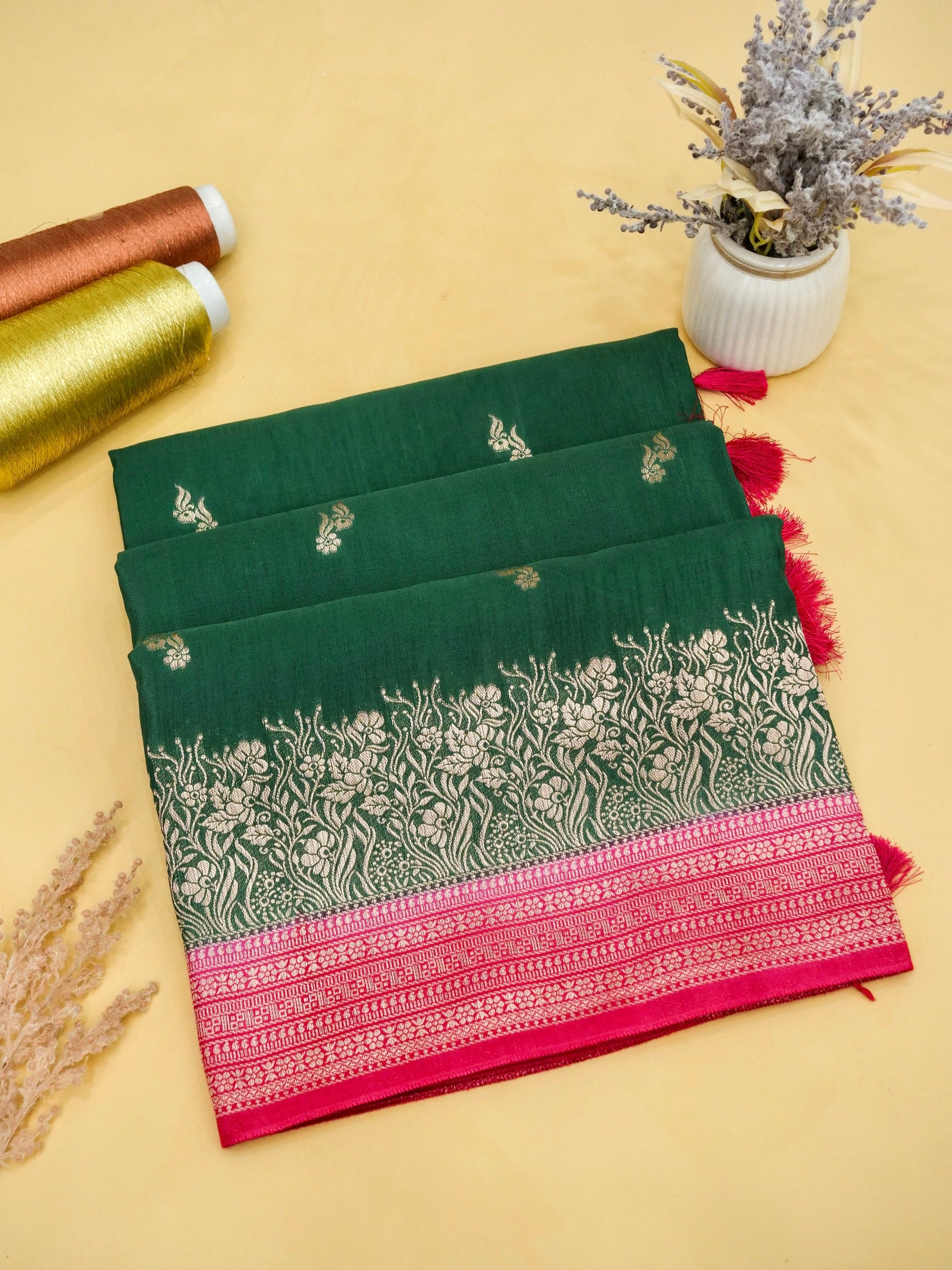 Bottle Green Banarasi Viscose Linen Saree