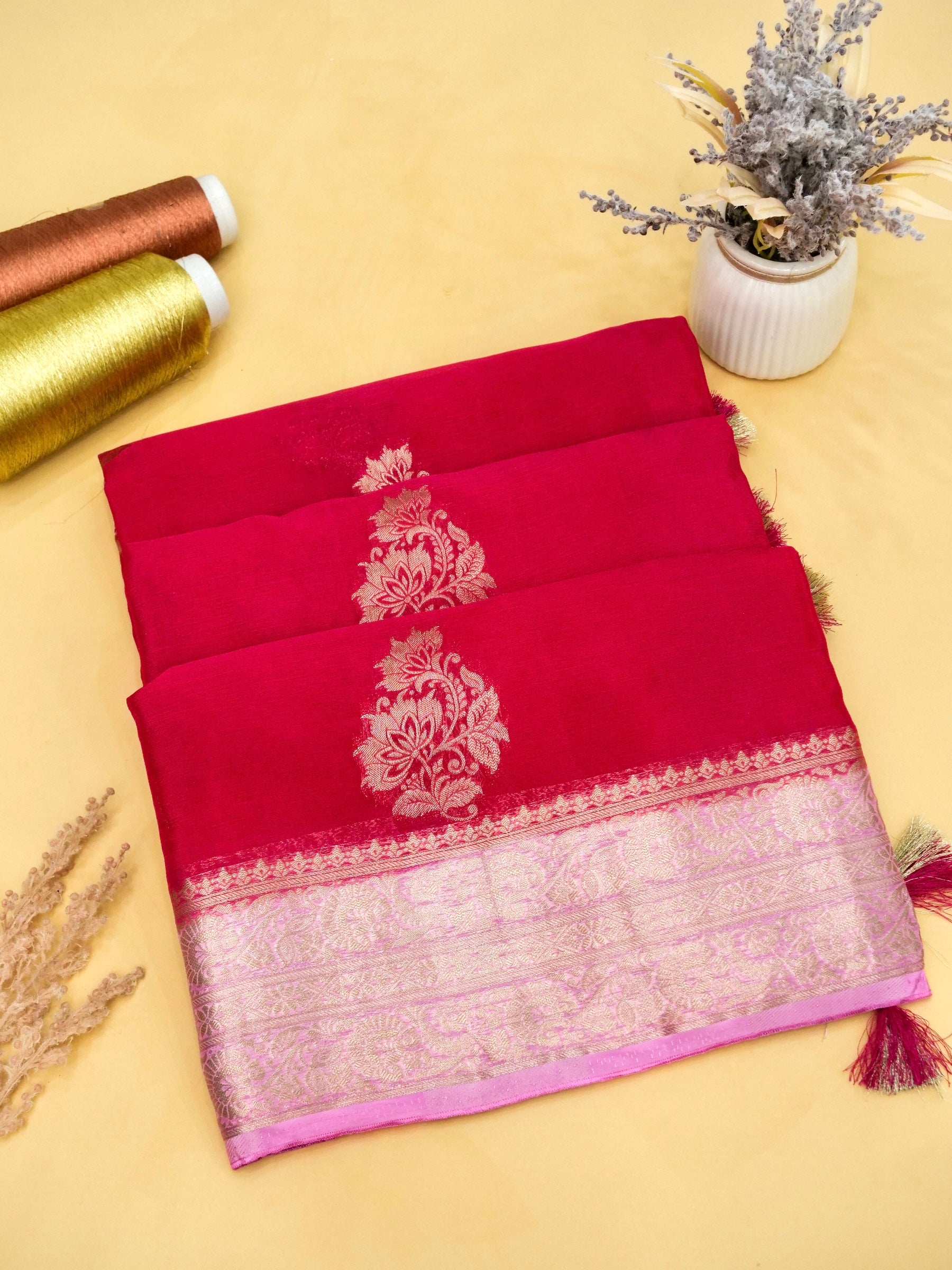 Rani Pink Banarasi Viscose Chinon Silk Saree