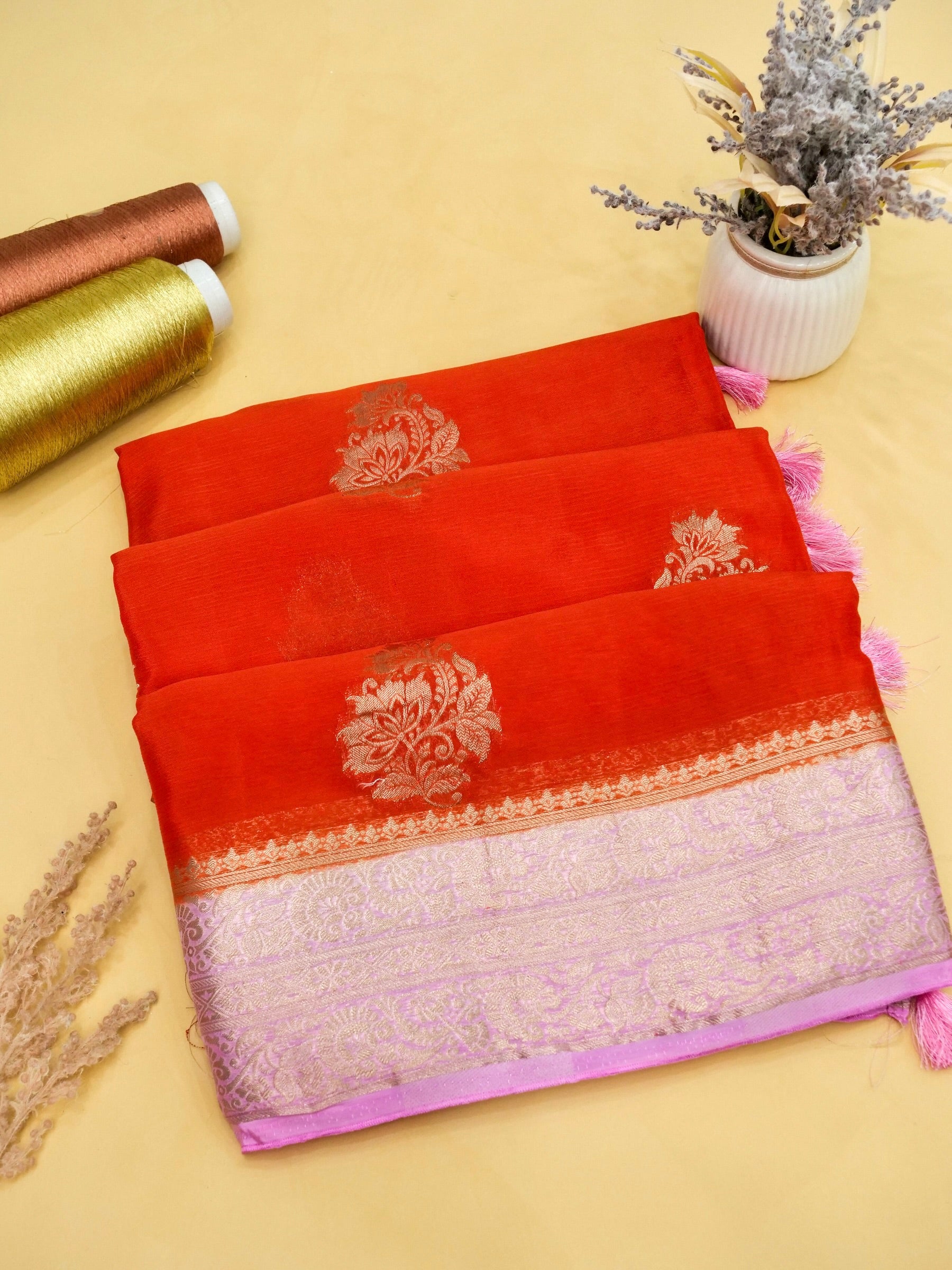 Vermilion Orange Banarasi silk saree