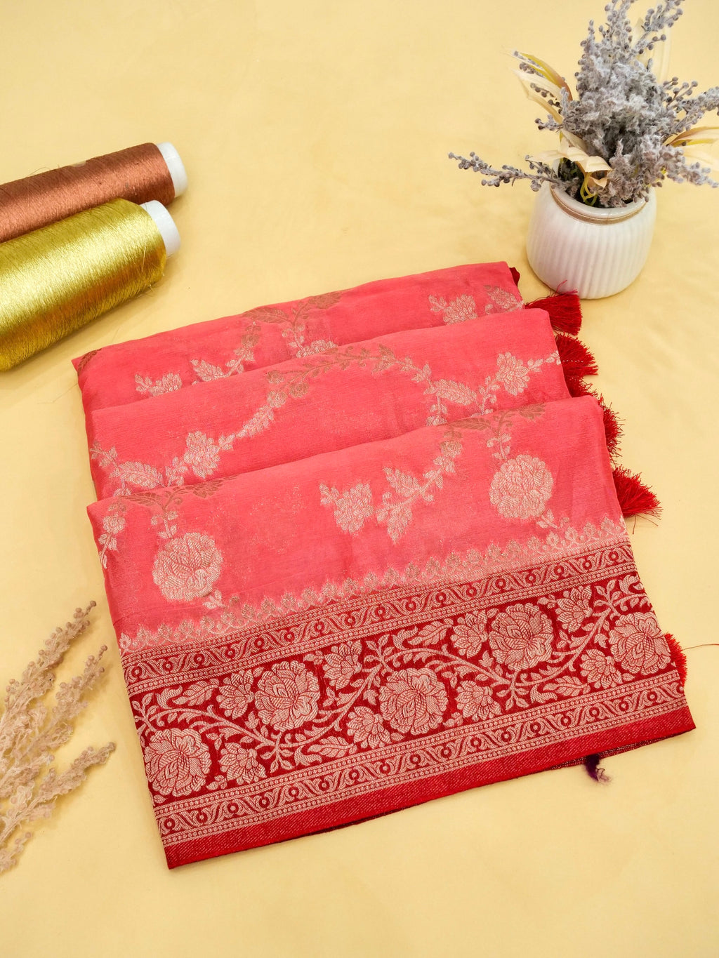 Peach Red Banarasi silk saree