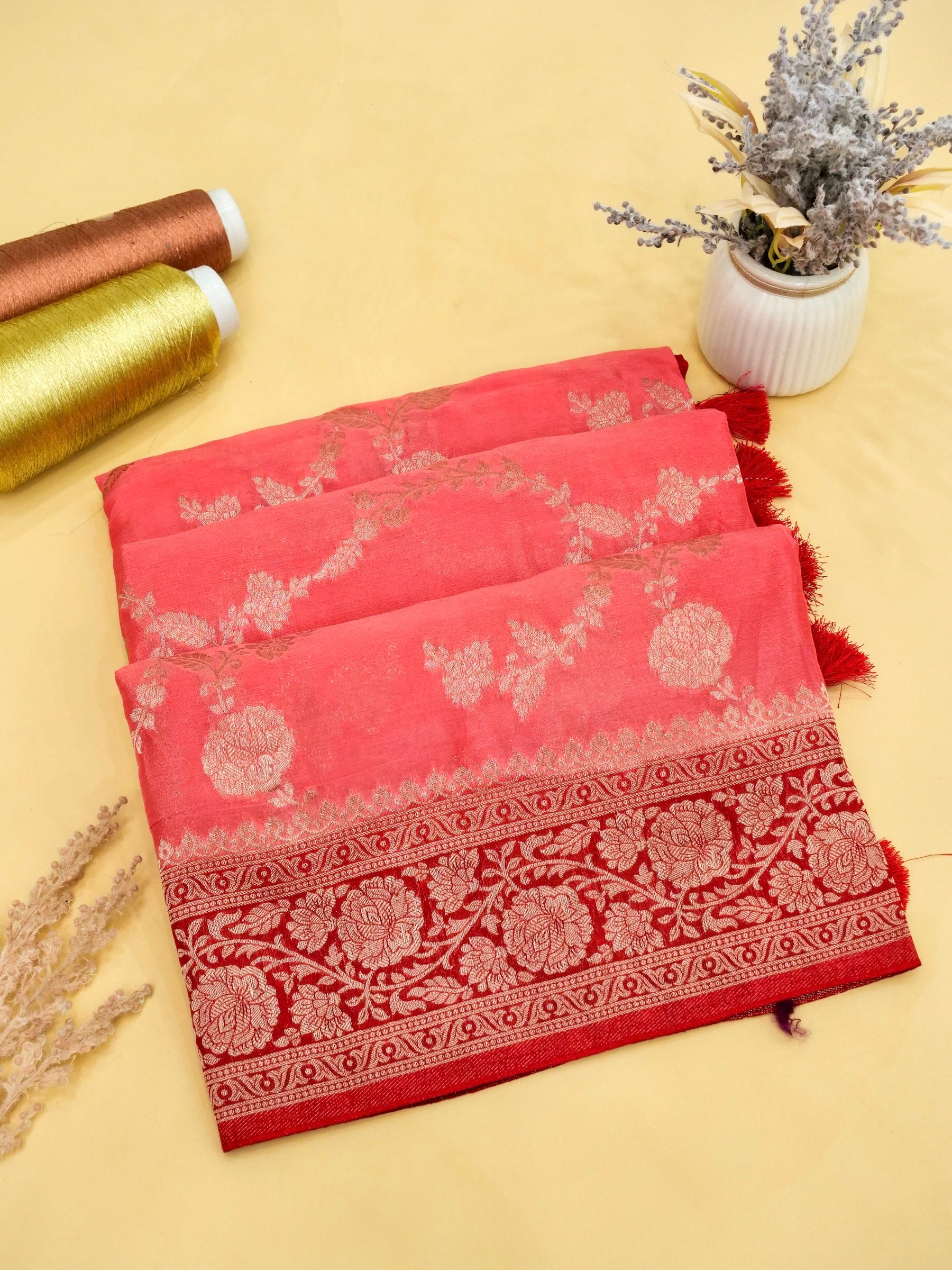 Peach Red Banarasi silk saree