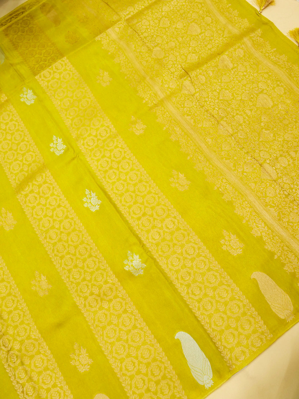 Lime Yellow Banarasi Viscose Dola Silk Saree