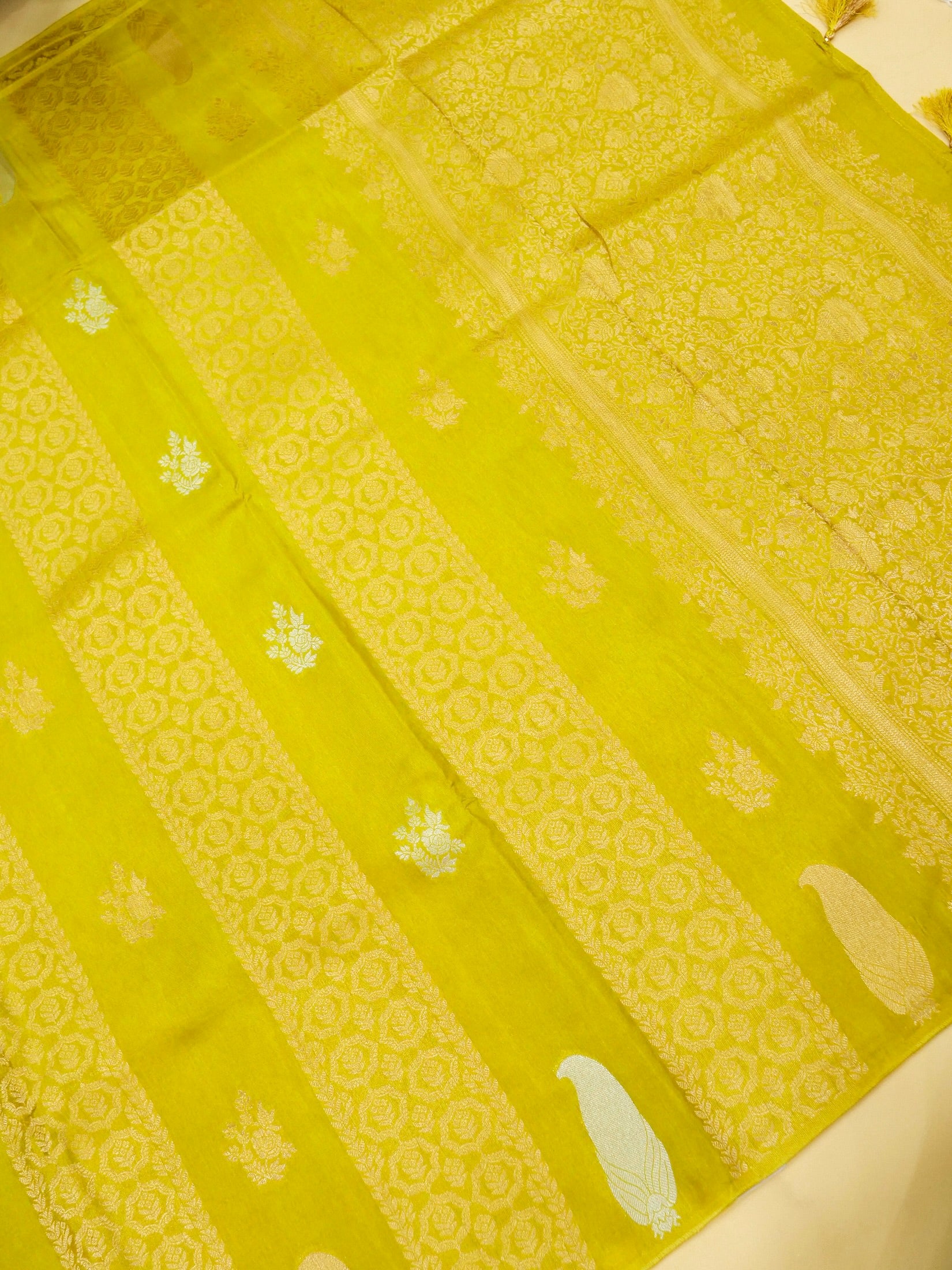 Lime Yellow Banarasi Viscose Dola Silk Saree