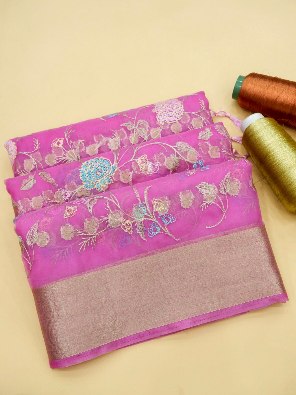 Pink Banarasi Organza Embroidered Saree