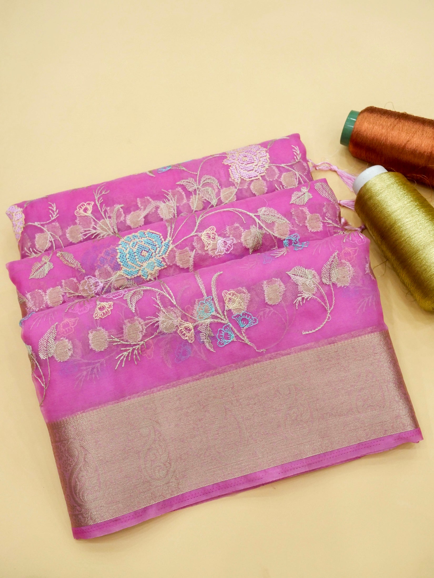Rose Pink Banarasi Organza Embroidered Saree