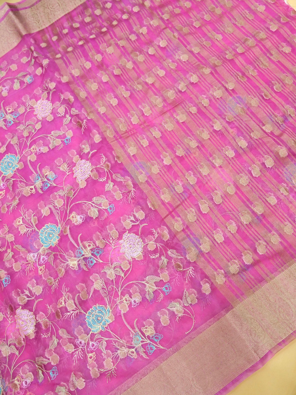 Pink Banarasi Organza Embroidered Saree