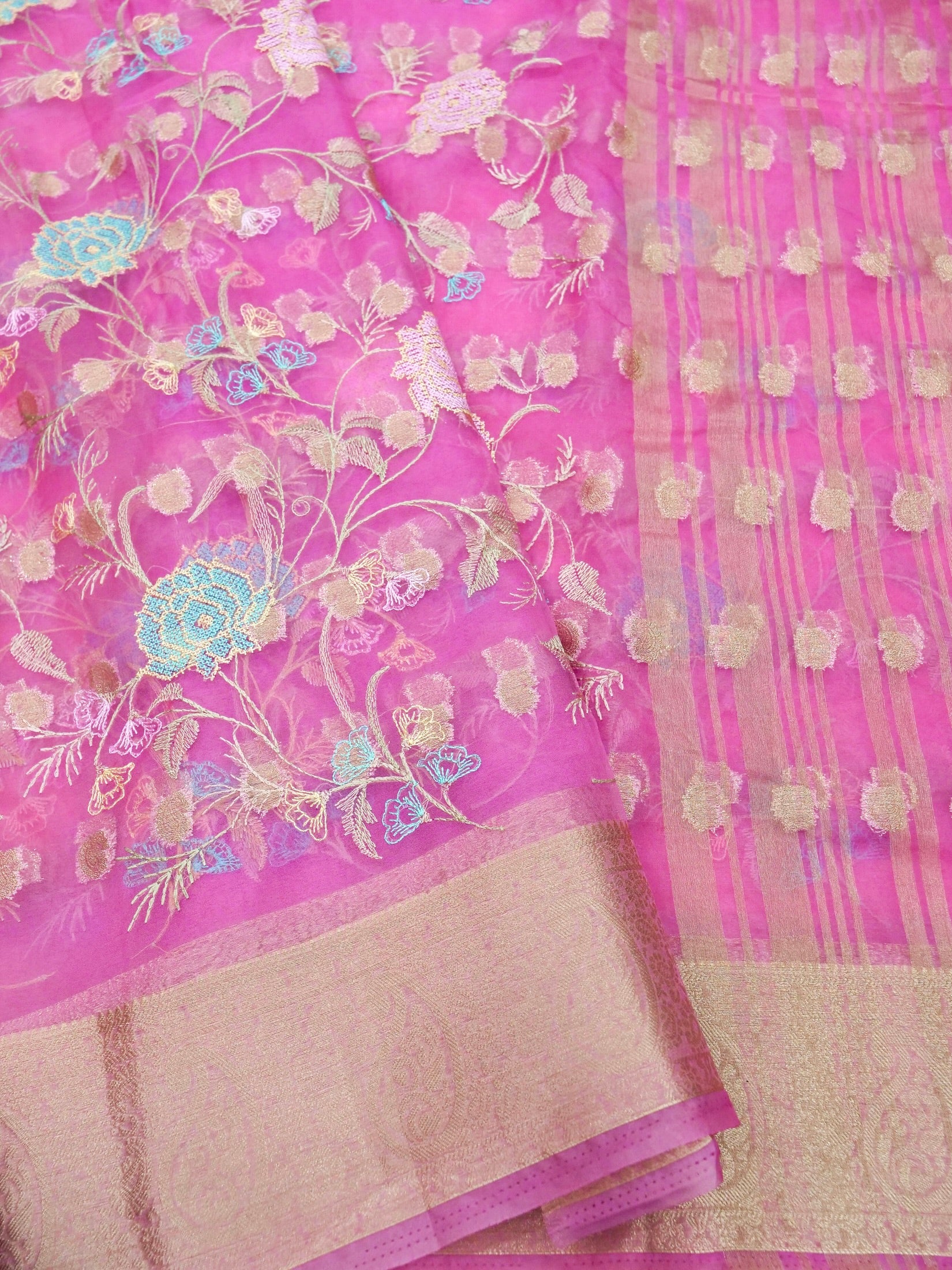 Pink Banarasi Organza Embroidered Saree