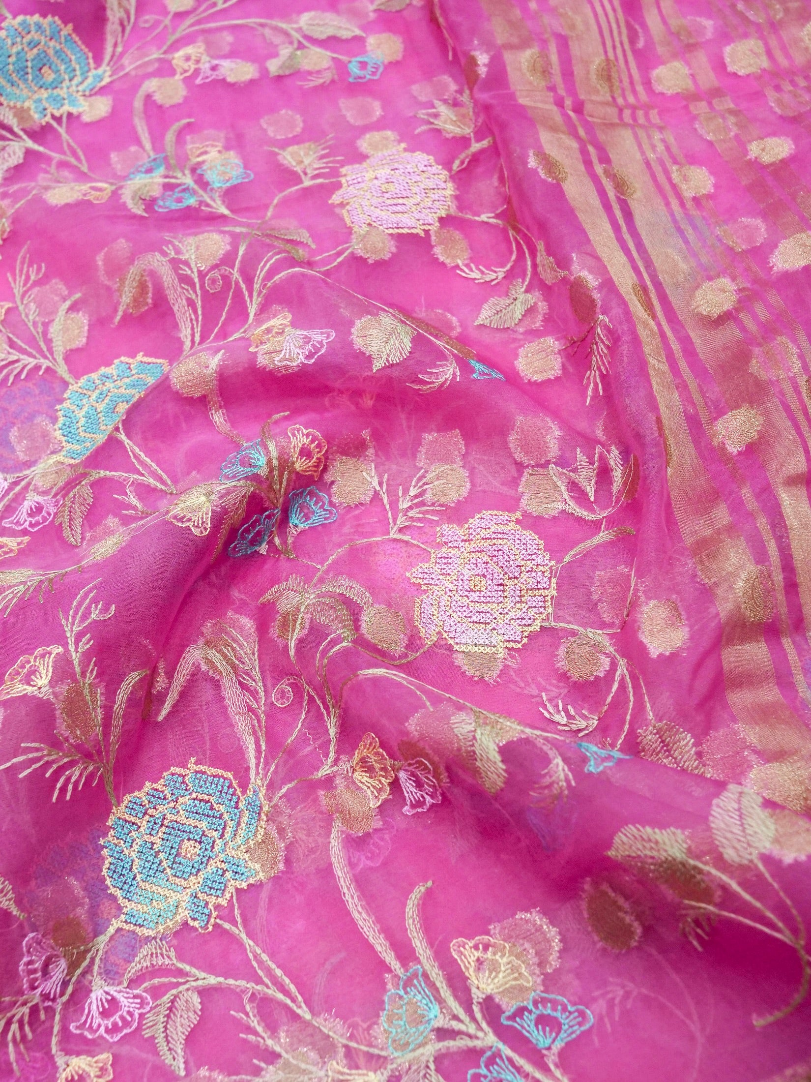 Pink Banarasi Organza Embroidered Saree