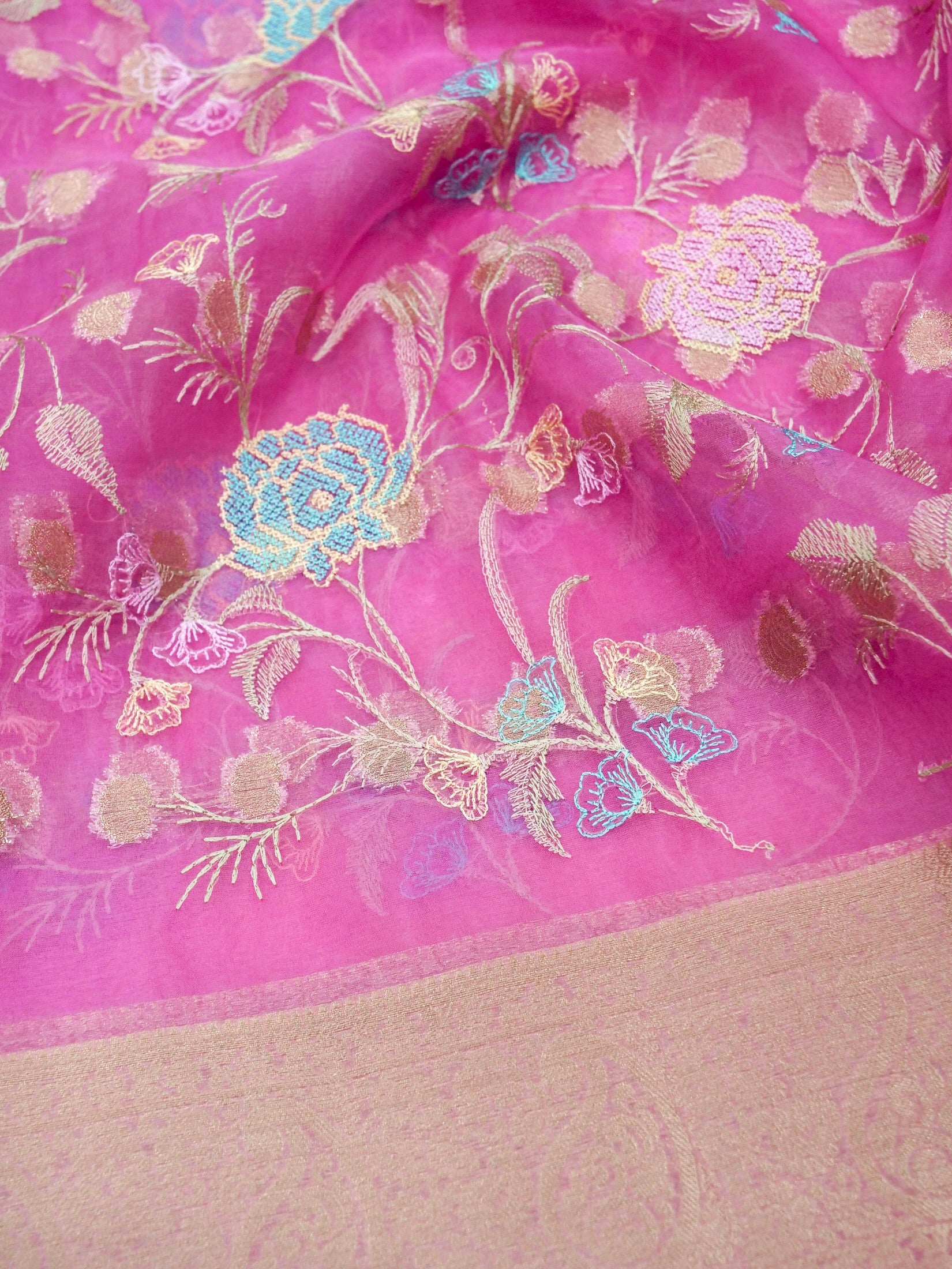 Pink Banarasi Organza Embroidered Saree