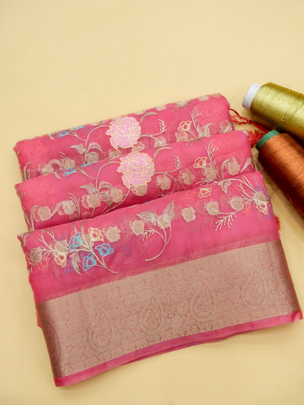 Rose Pink Banarasi Organza Embroidered Saree