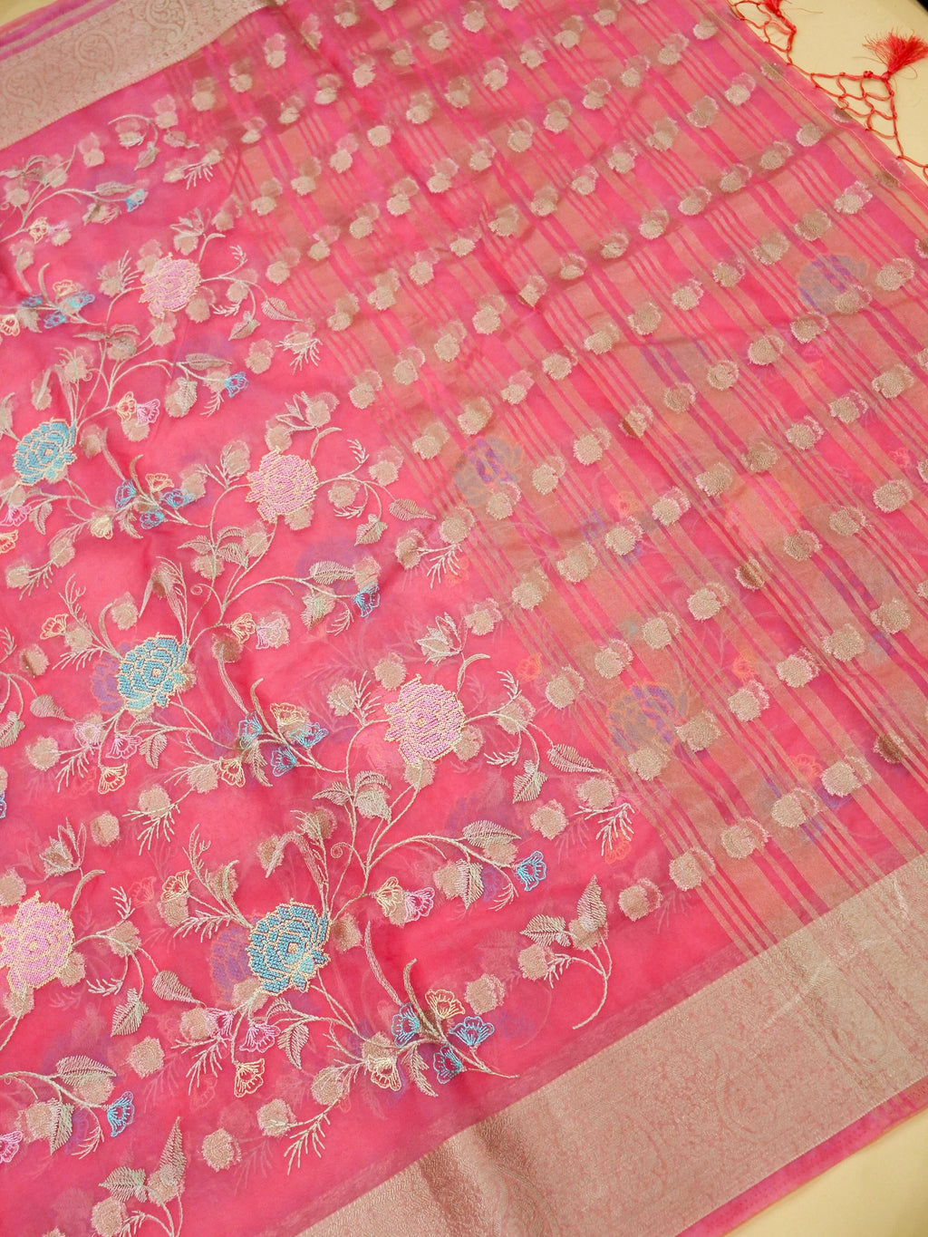 Rose Pink Banarasi Organza Embroidered Saree