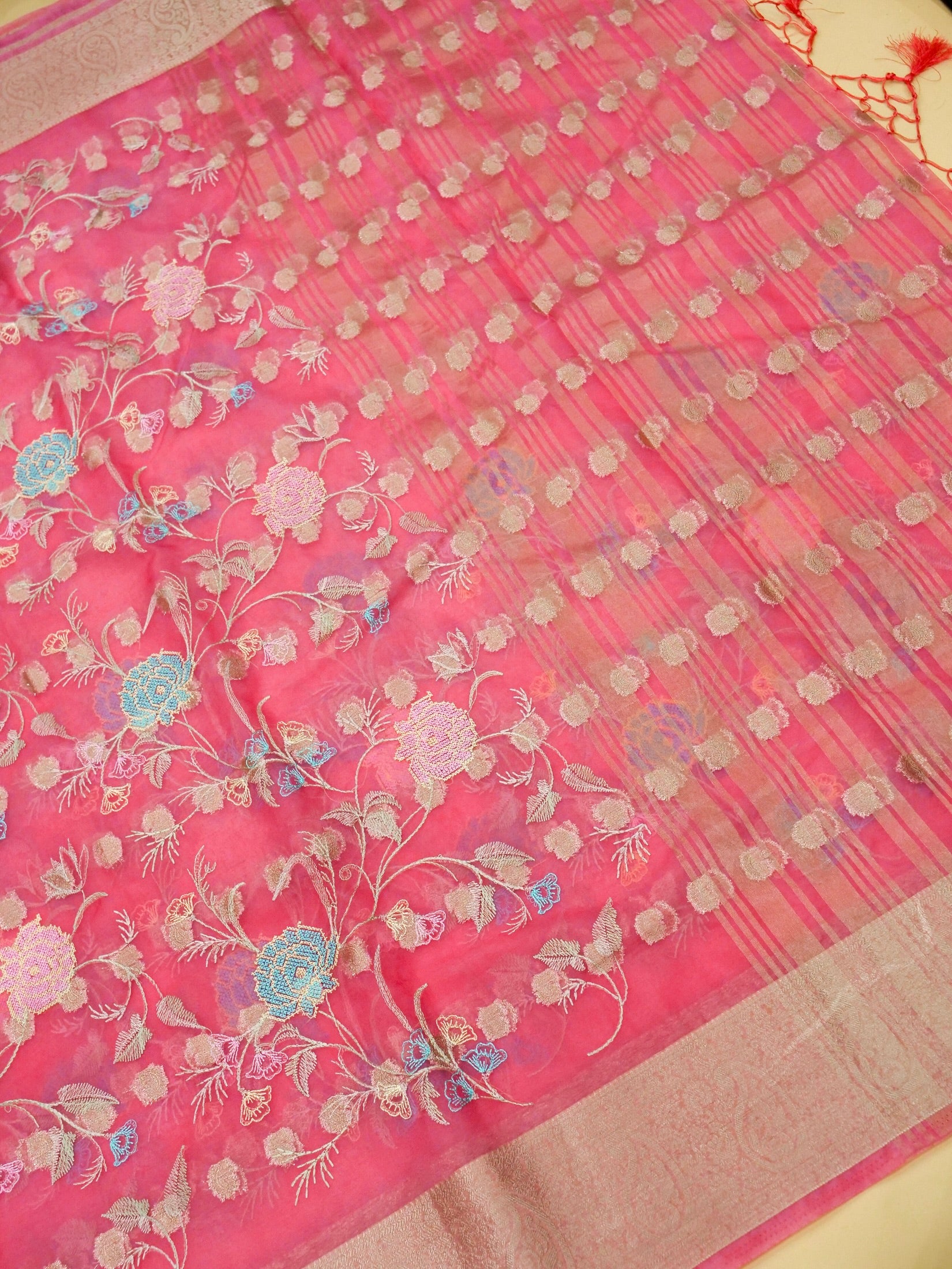 Rose Pink Banarasi Organza Embroidered Saree