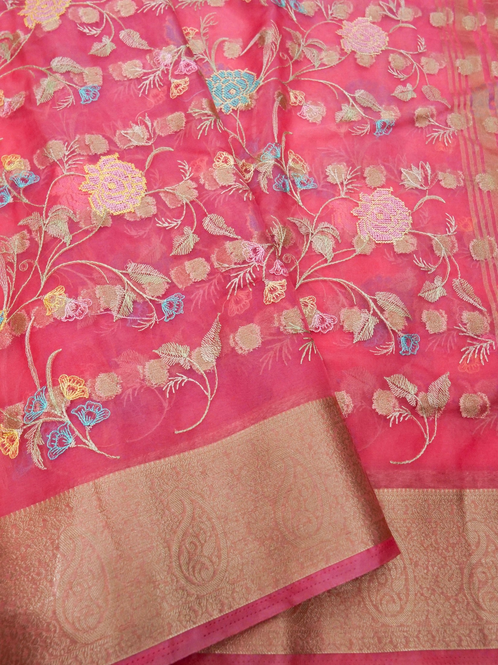 Rose Pink Banarasi Organza Embroidered Saree