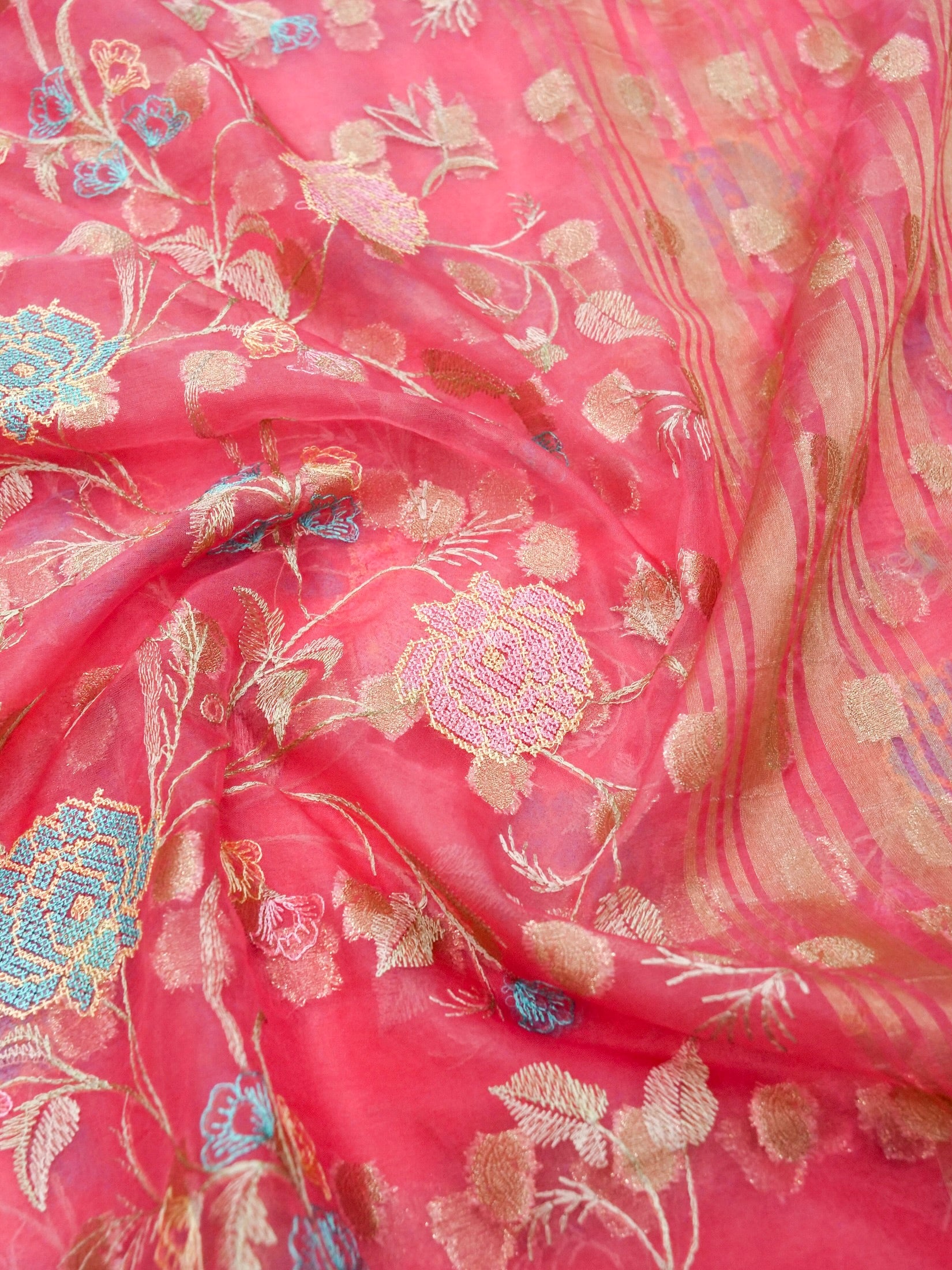 Rose Pink Banarasi Organza Embroidered Saree