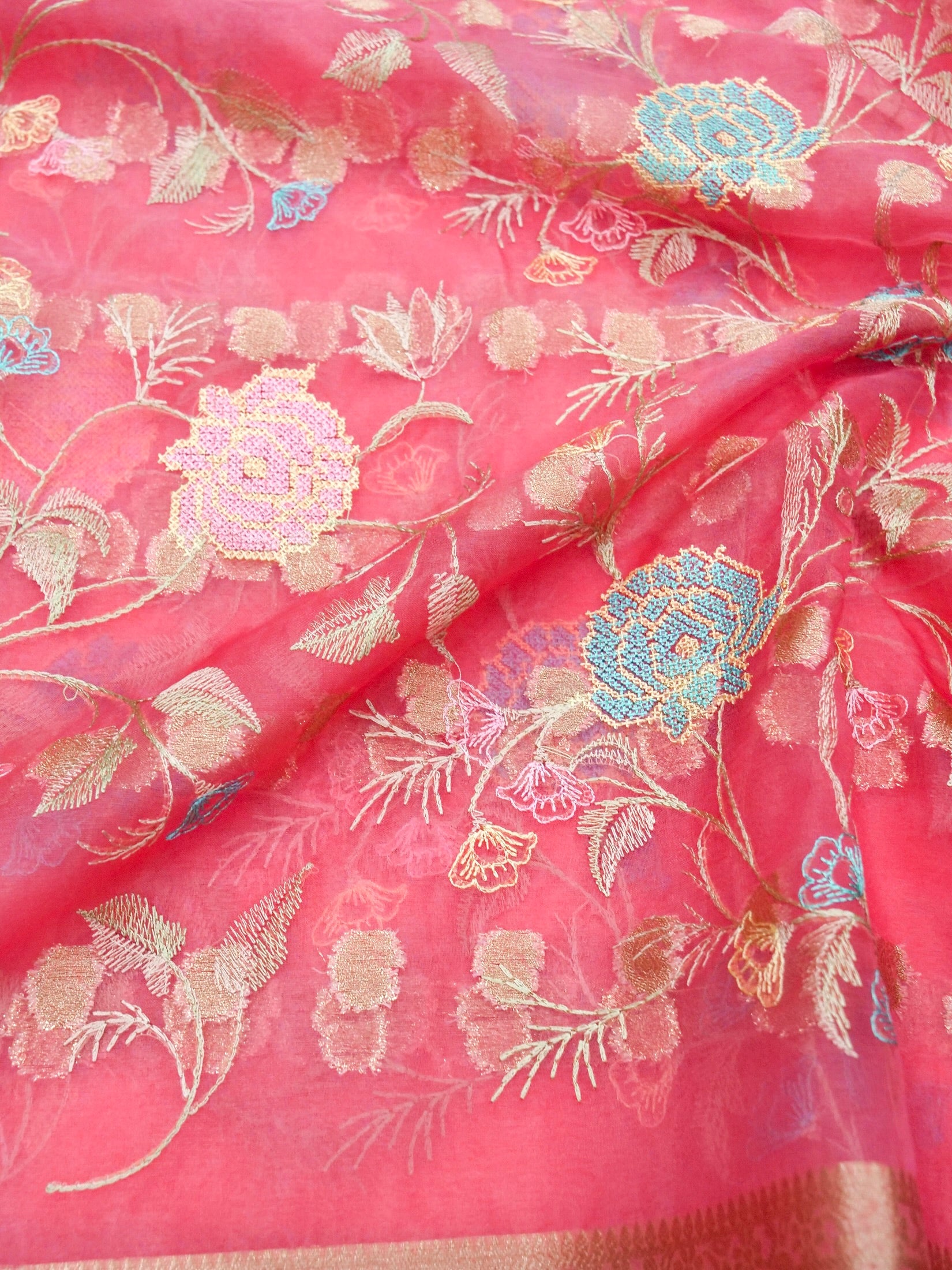 Rose Pink Banarasi Organza Embroidered Saree