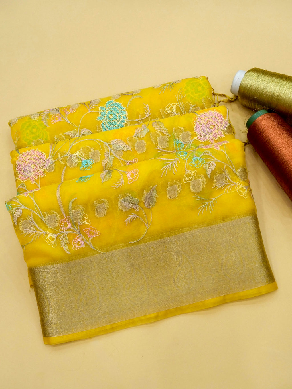 Sunshine Yellow Banarasi Organza Embroidered Saree