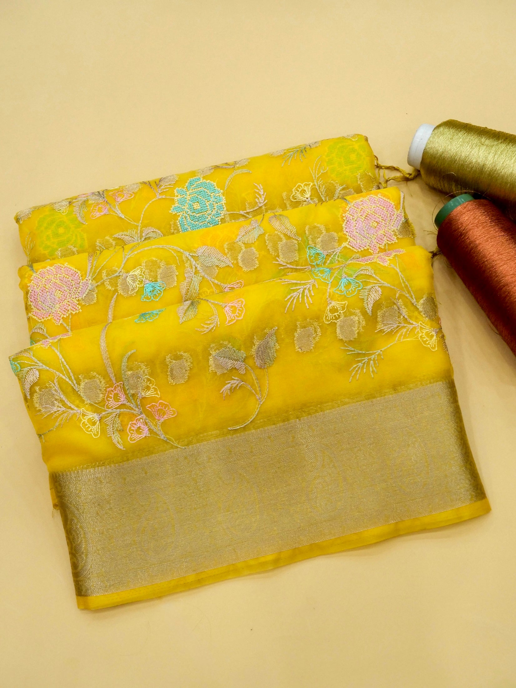 Sunshine Yellow Banarasi Organza Embroidered Saree