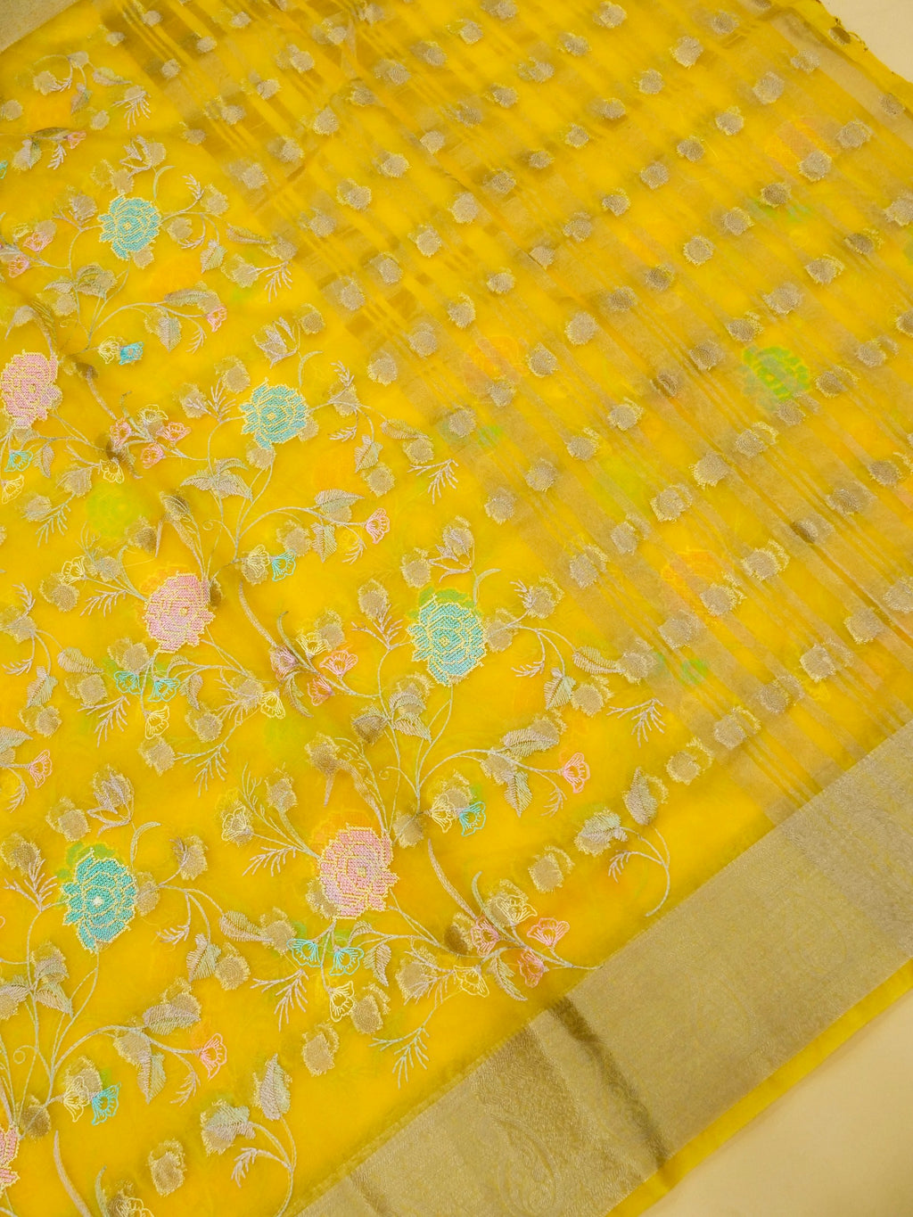 Sunshine Yellow Banarasi Organza Embroidered Saree