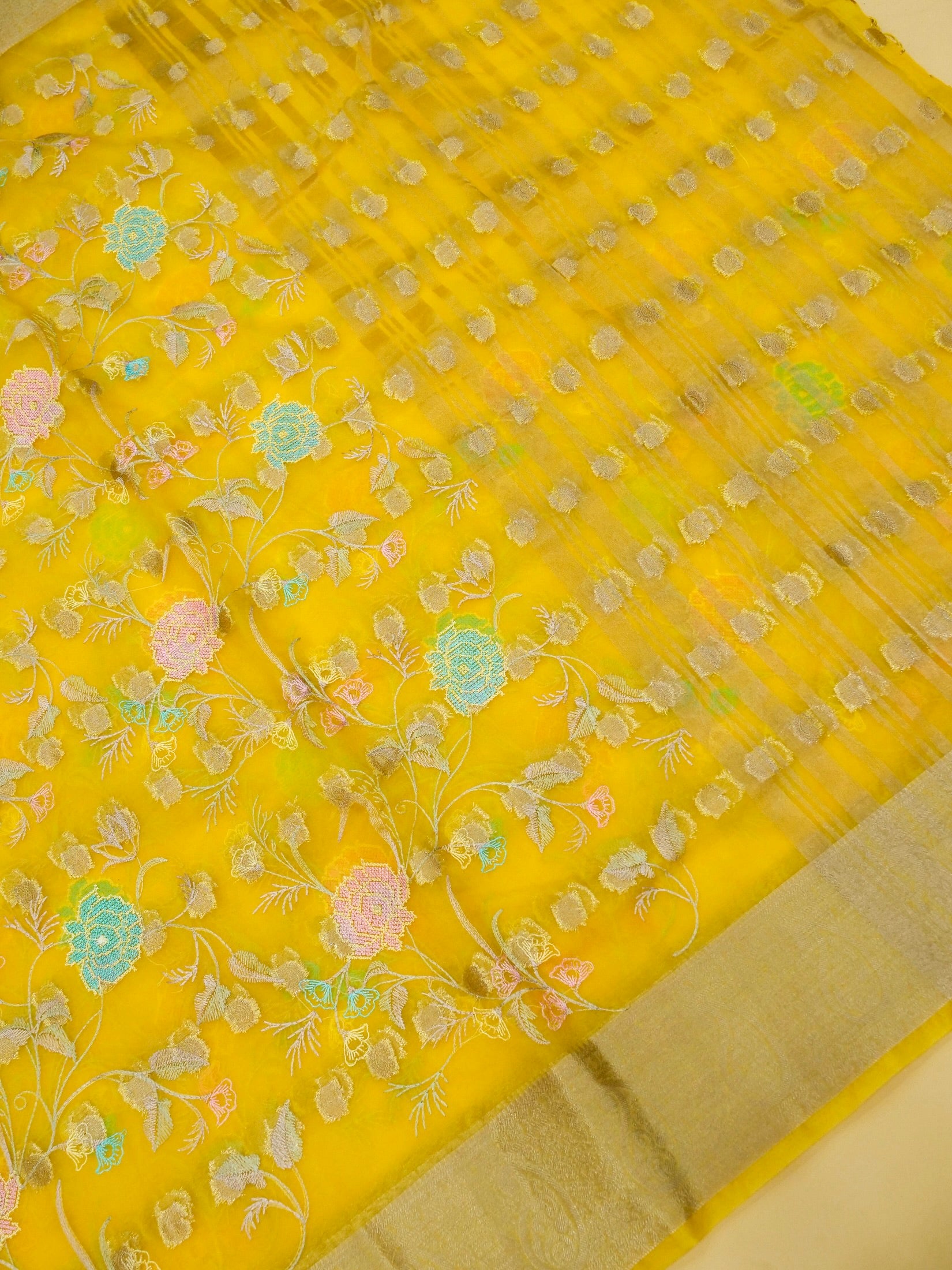 Sunshine Yellow Banarasi Organza Embroidered Saree