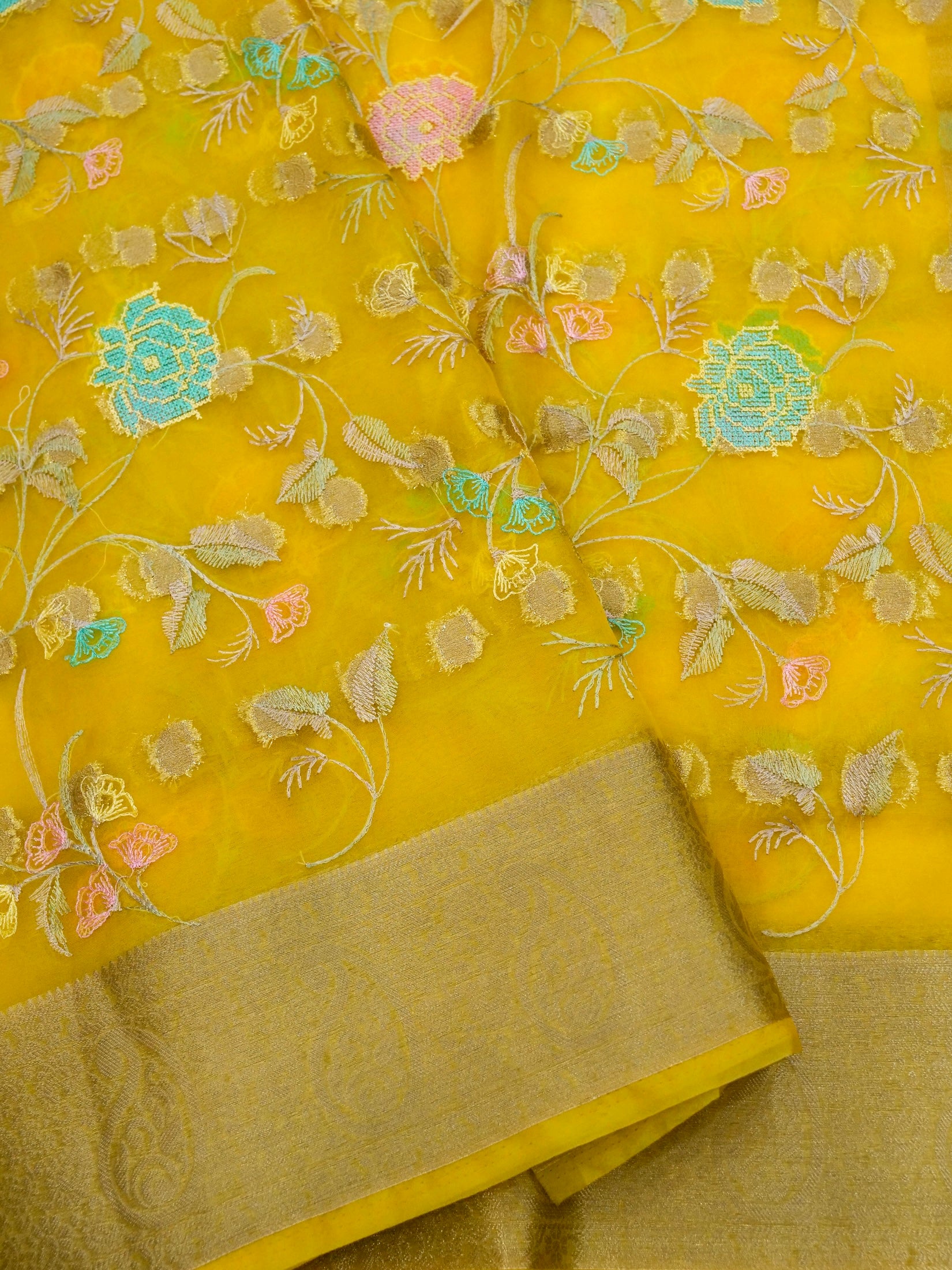 Sunshine Yellow Banarasi Organza Embroidered Saree