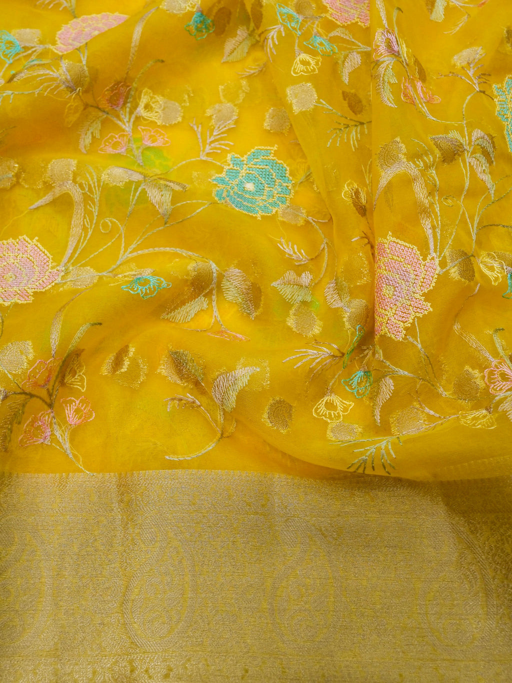 Sunshine Yellow Banarasi Organza Embroidered Saree