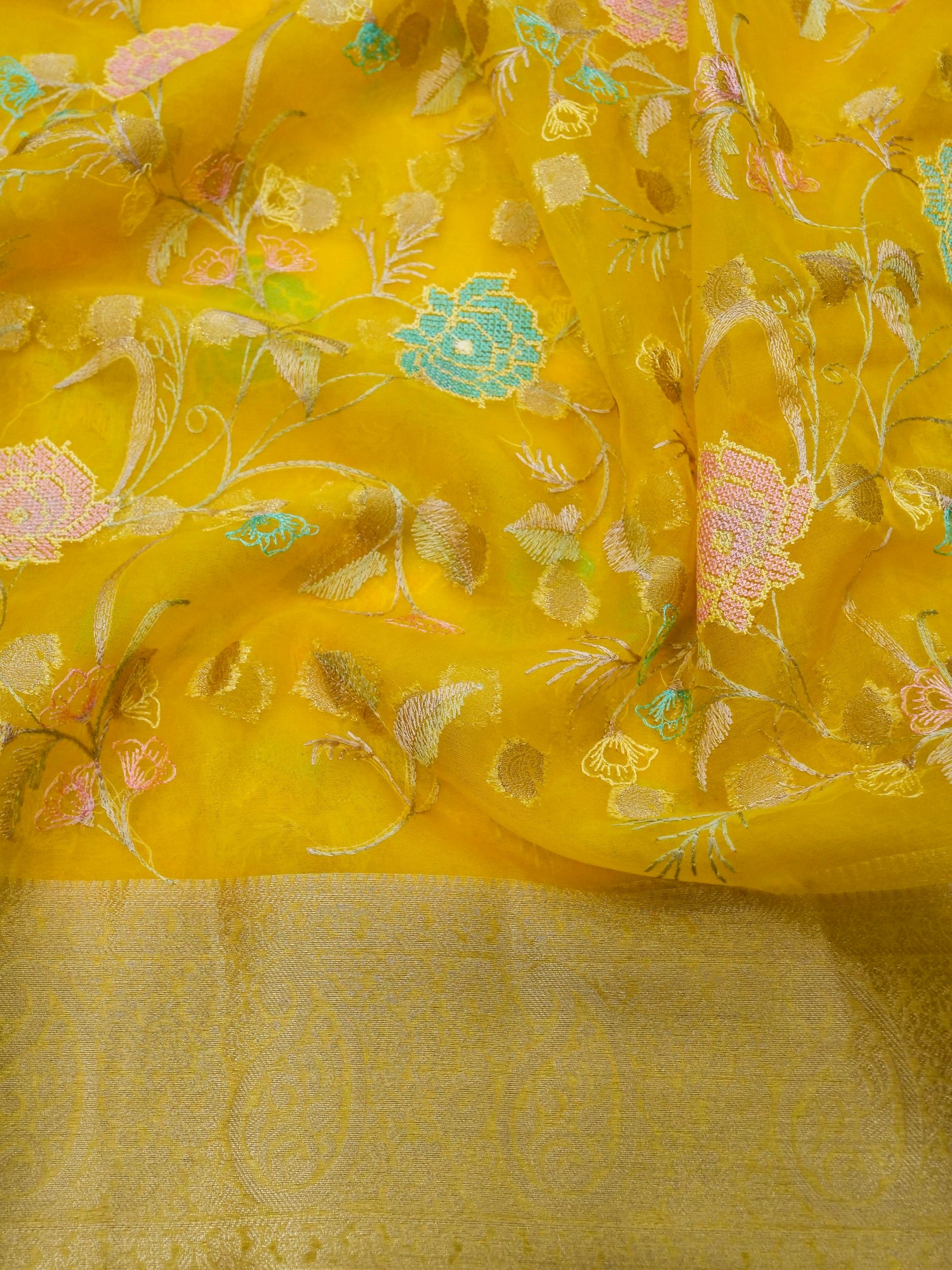 Sunshine Yellow Banarasi Organza Embroidered Saree