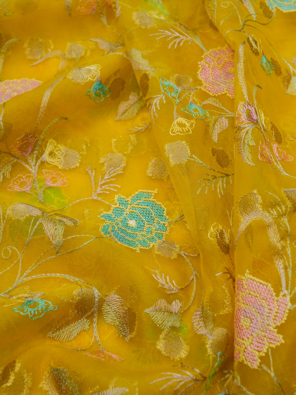 Sunshine Yellow Banarasi Organza Embroidered Saree