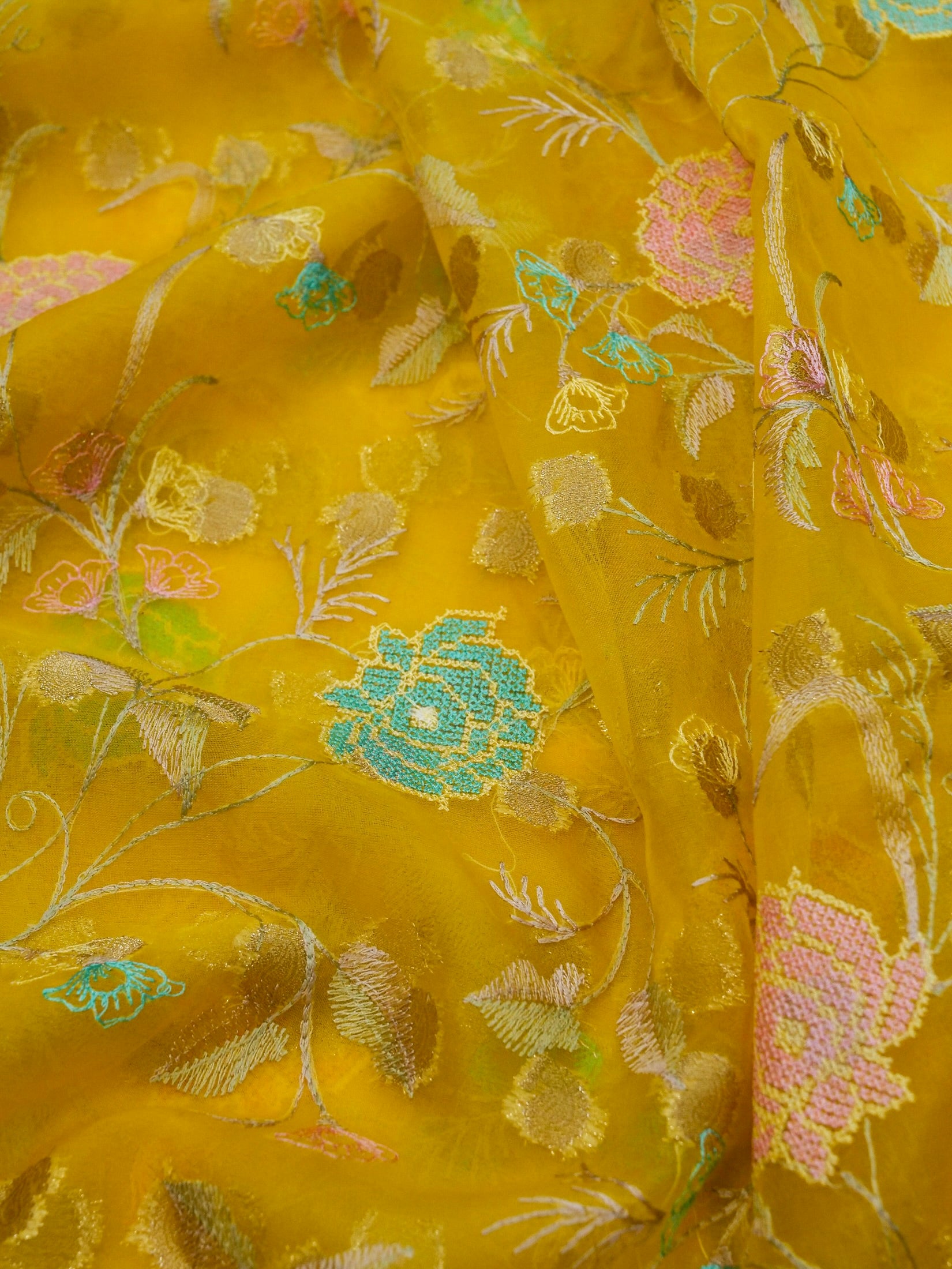 Sunshine Yellow Banarasi Organza Embroidered Saree