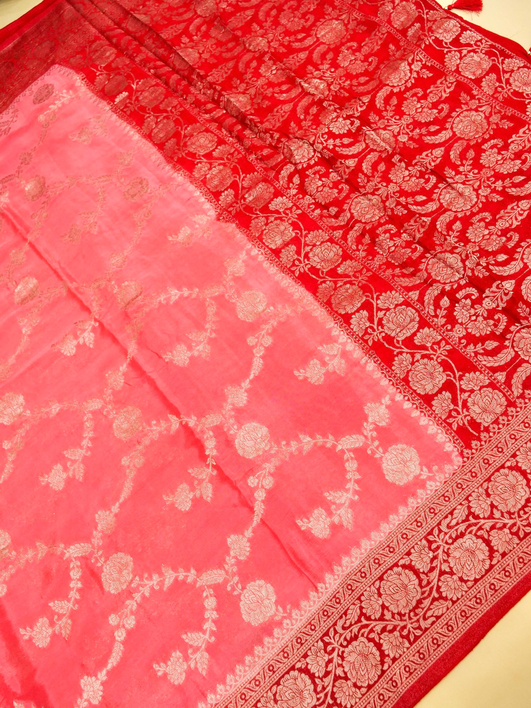 Peach Red Banarasi silk saree