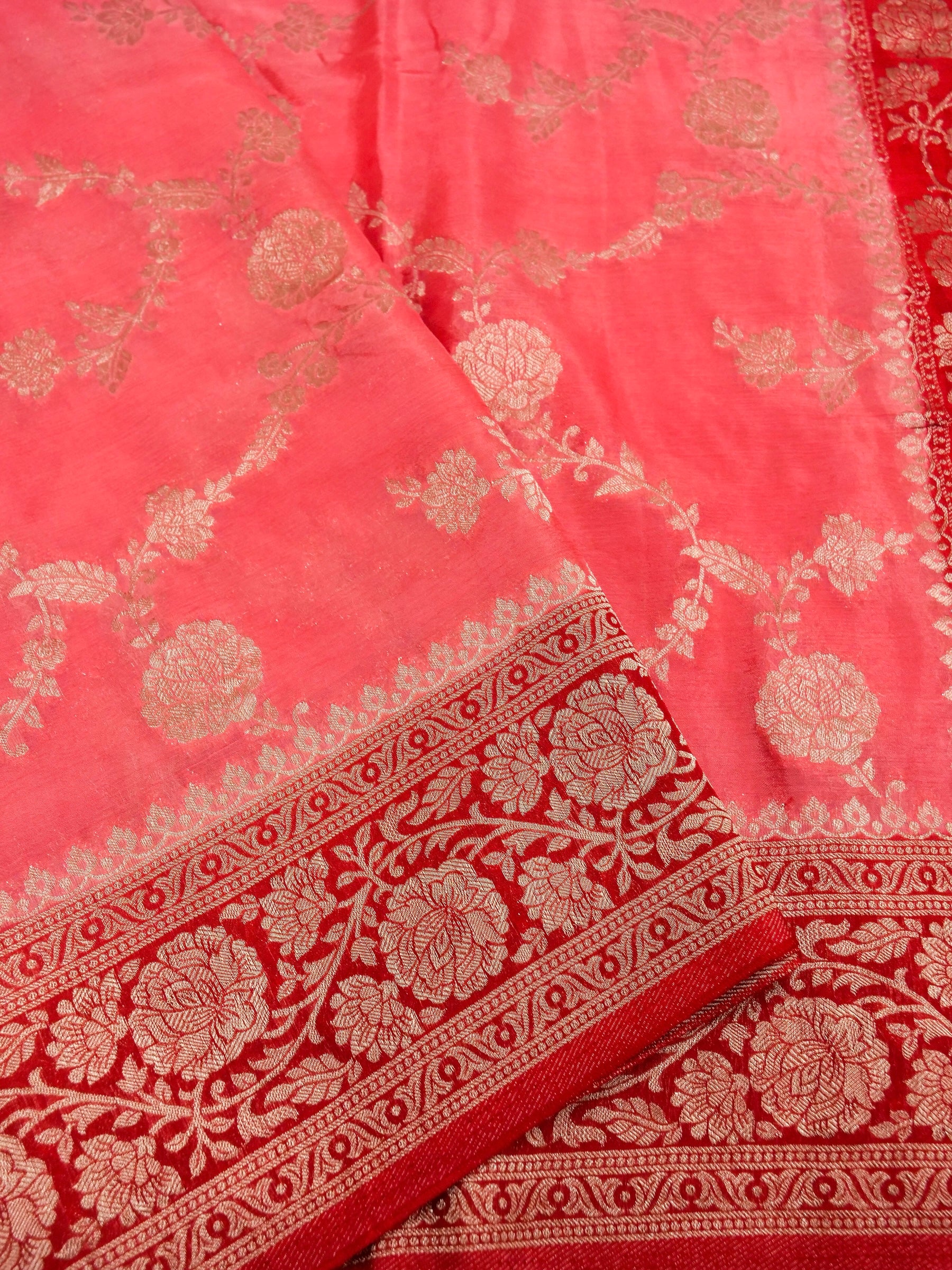 Peach Red Banarasi silk saree