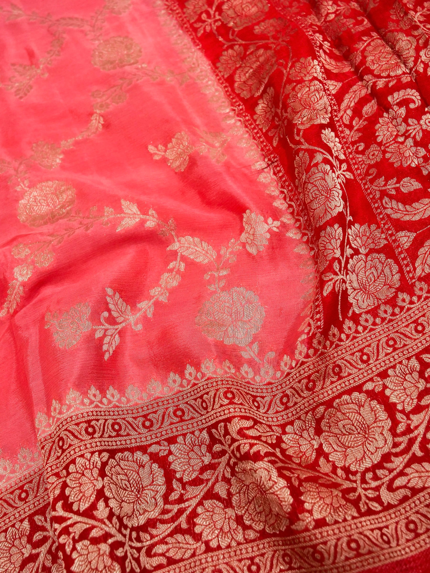 Peach Red Banarasi silk saree