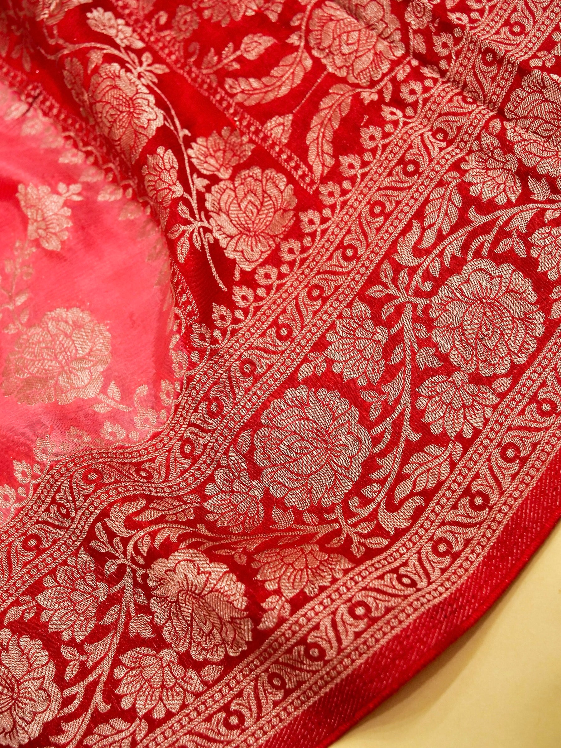 Peach Red Banarasi silk saree