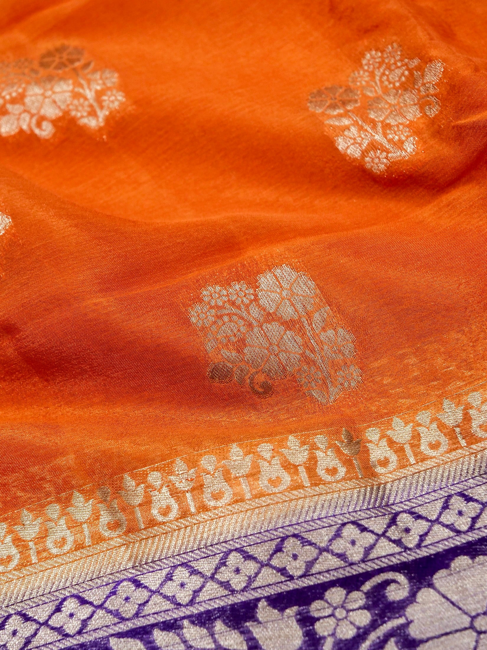 Sunset Orange Banarasi Viscose Chinon Saree