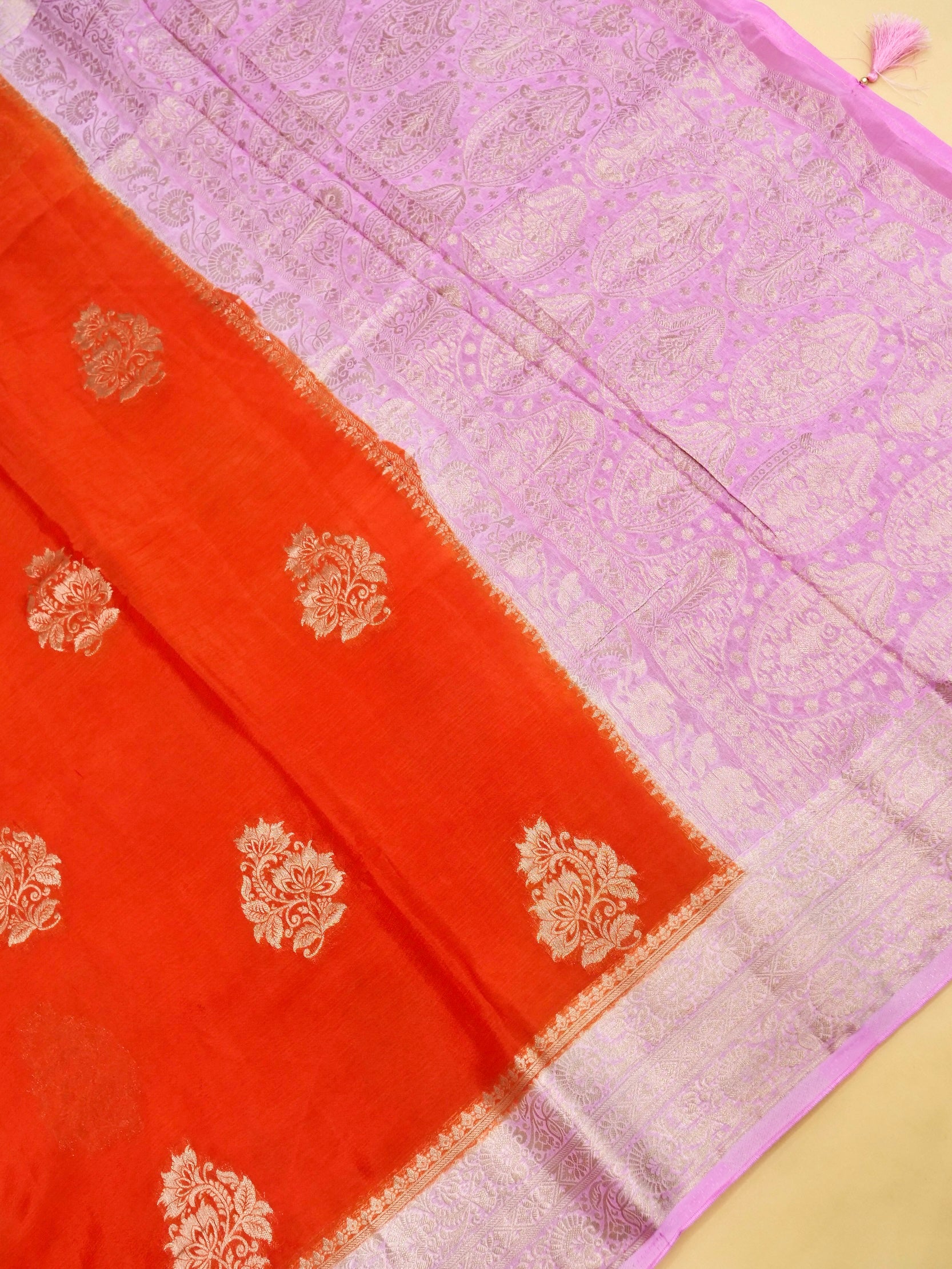 Vermilion Orange Banarasi silk saree