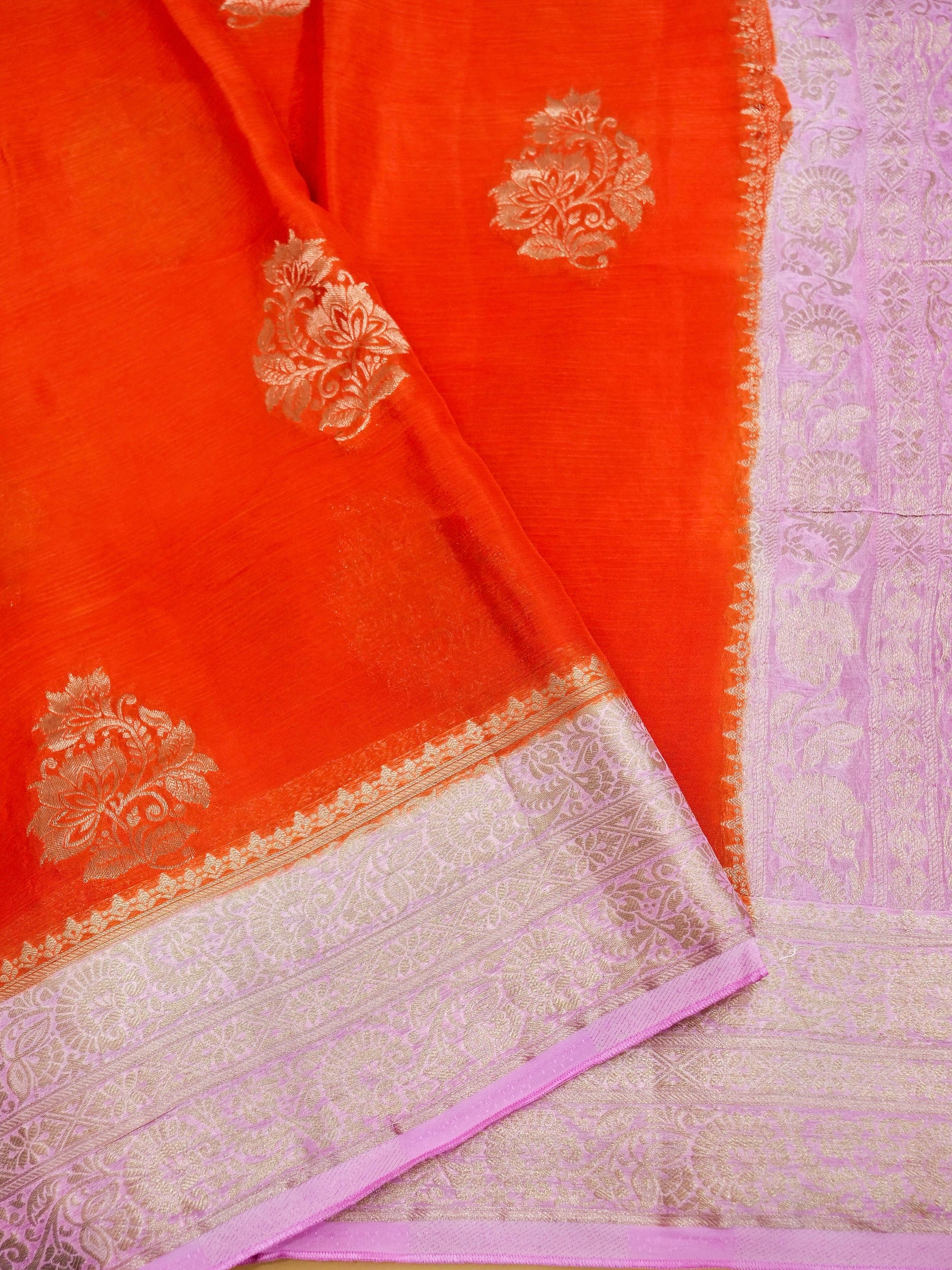 Vermilion Orange Banarasi silk saree