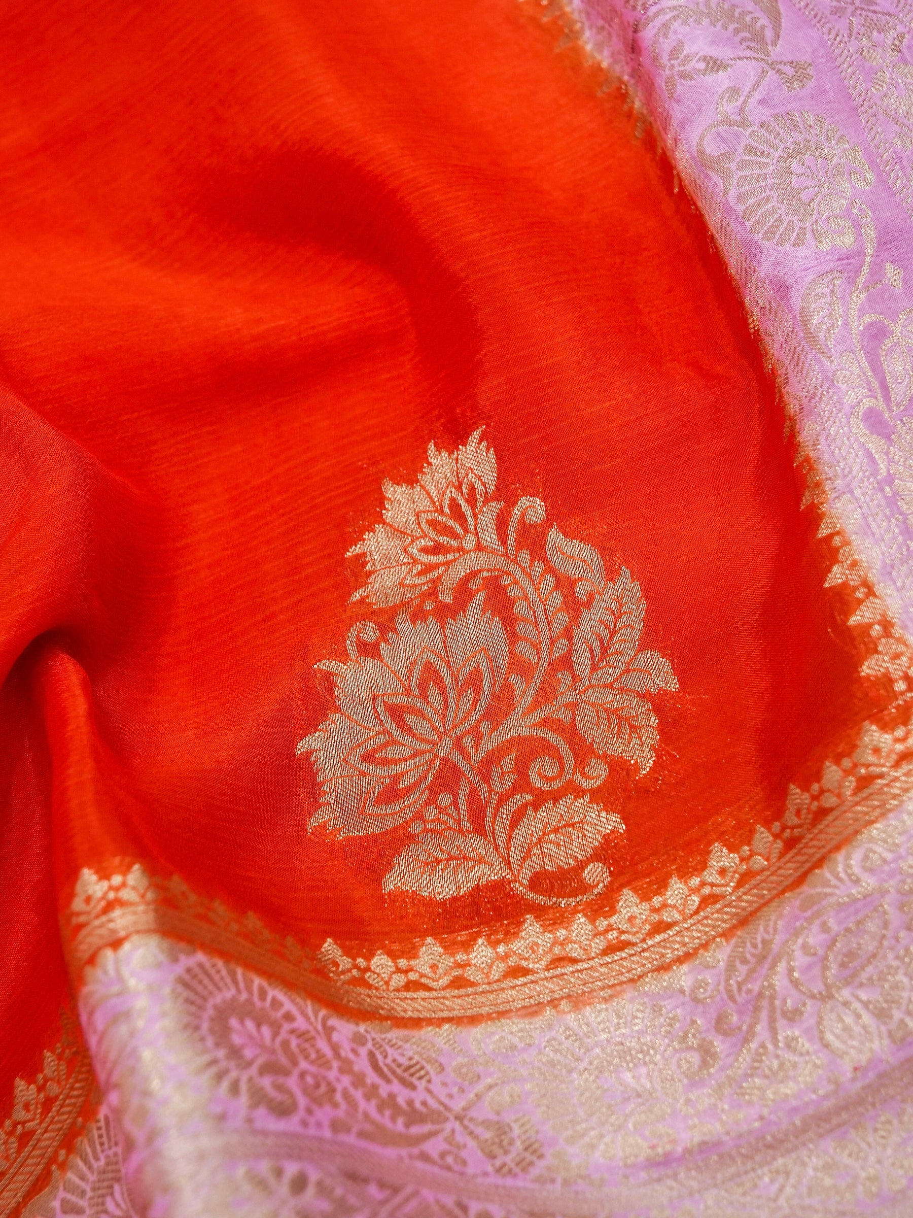 Vermilion Orange Banarasi silk saree