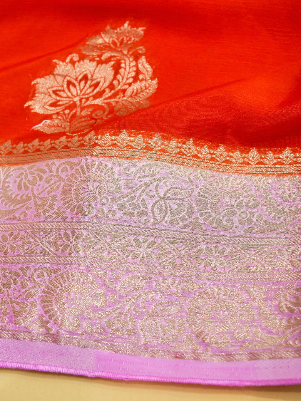 Orange Banarasi Viscose Chinon Silk Saree