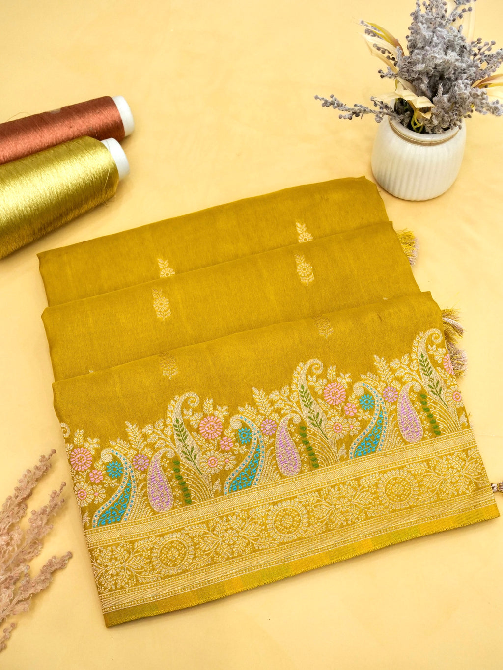 Mustard Yellow Banarasi Viscose Dola Silk Saree