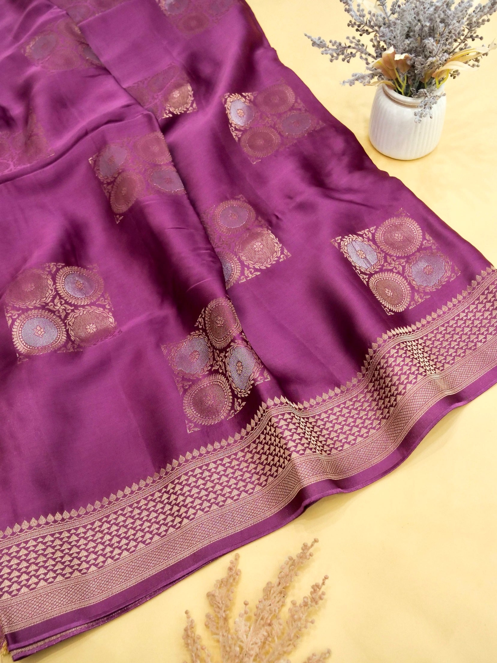 Plum Purple Banarasi Viscose Organza Satin Silk Saree