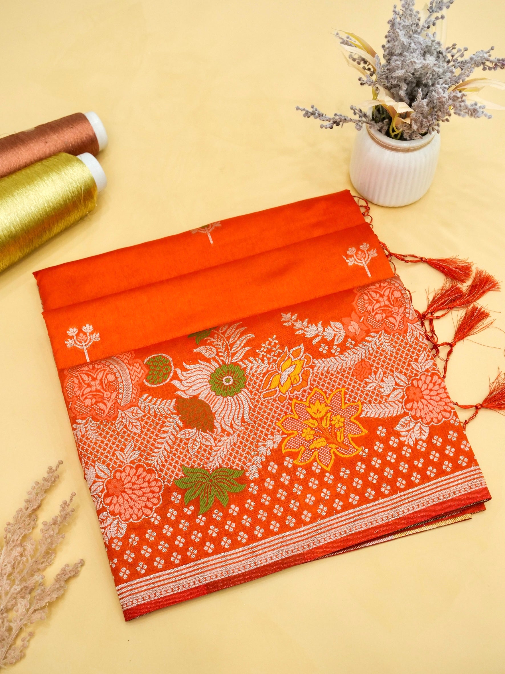 Orange Banarasi silk saree