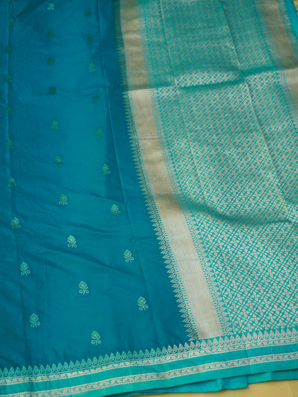 Turquoise Blue Soft Silk Banarasi Saree with Silver Buti Work