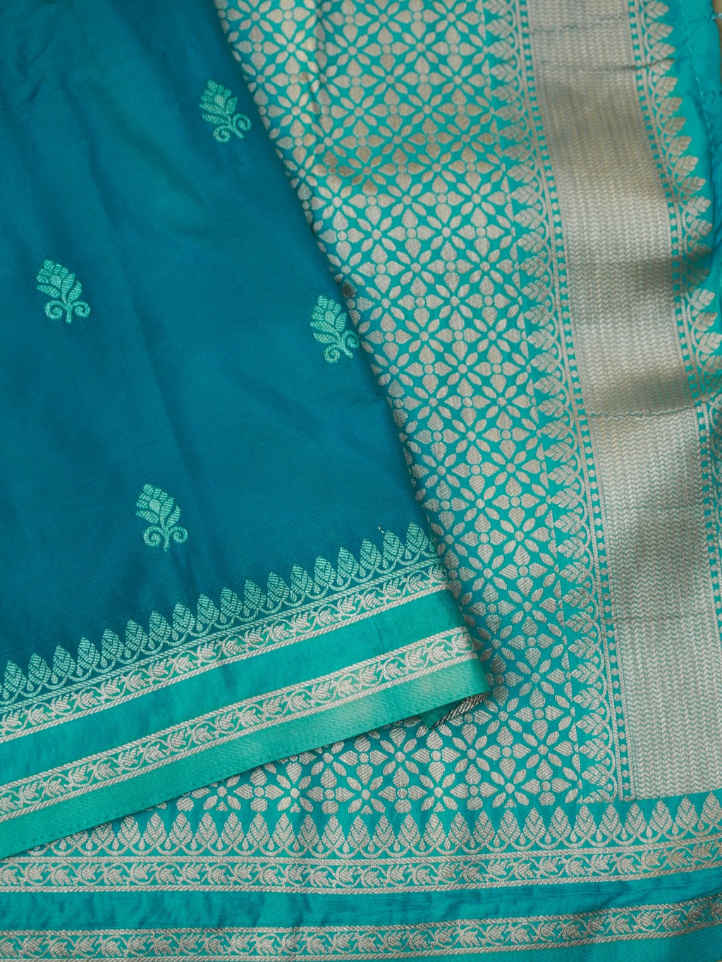Turquoise Blue Soft Silk Banarasi Saree with Silver Buti Work