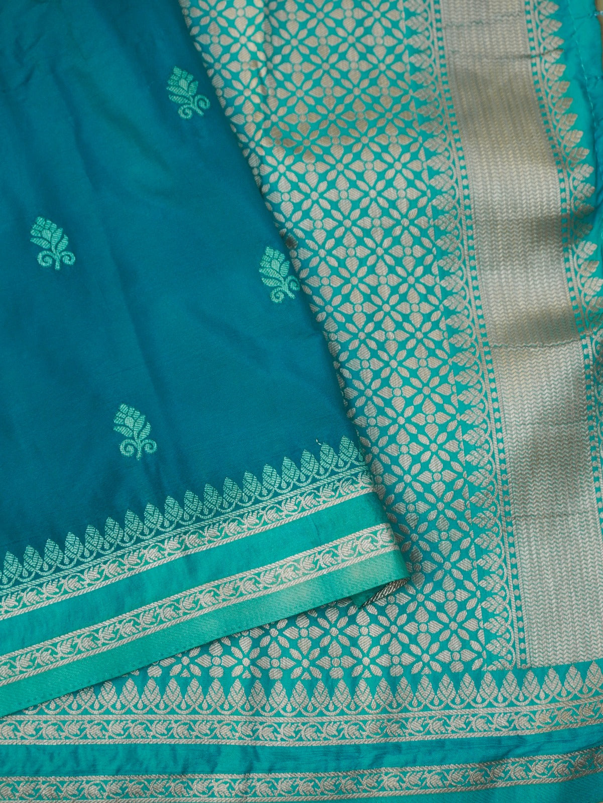 Turquoise Blue Soft Silk Banarasi Saree with Silver Buti Work
