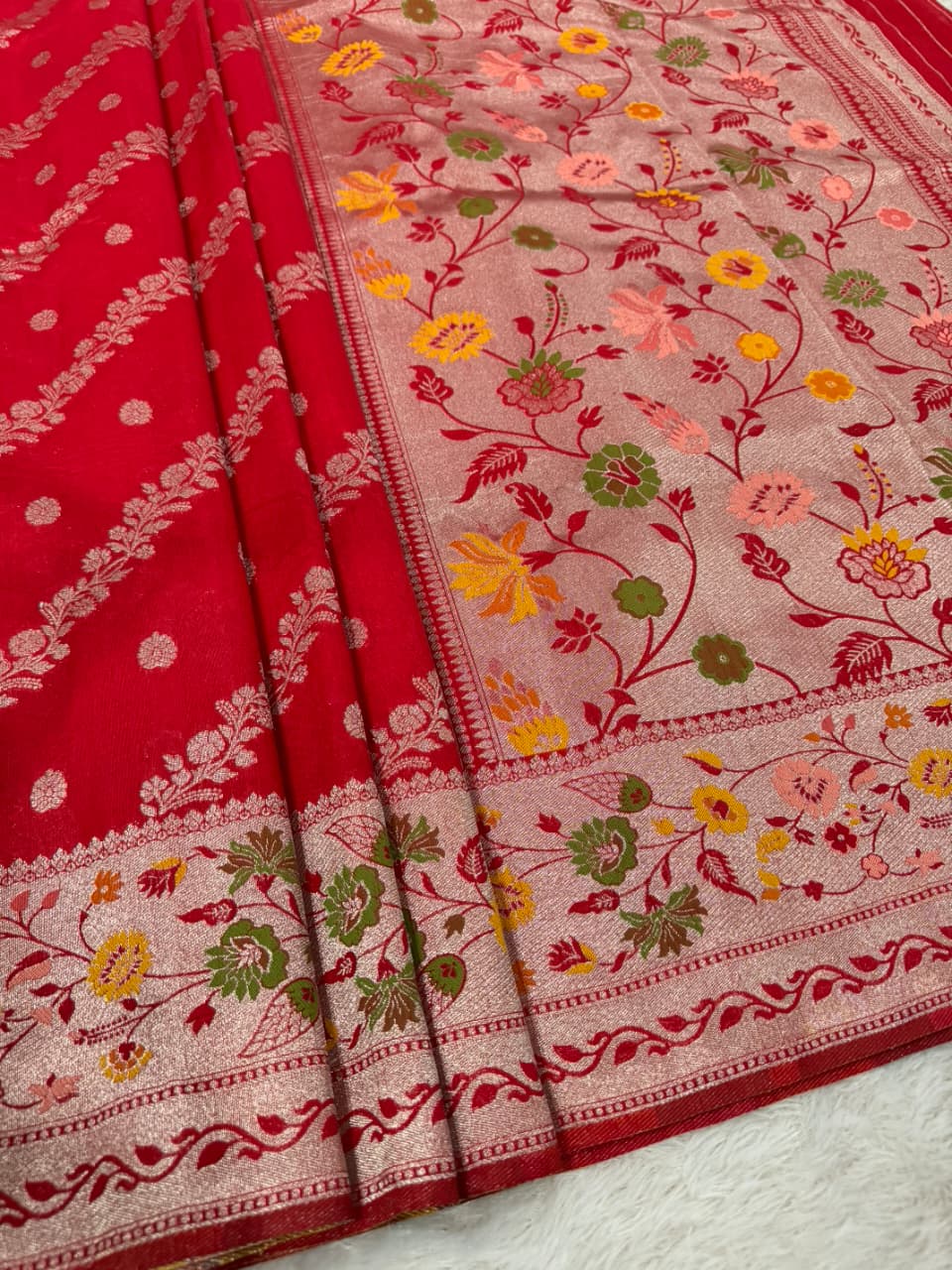 Banarasi Silk Saree allover Beautiful zari buti work and Meenakari paithni border