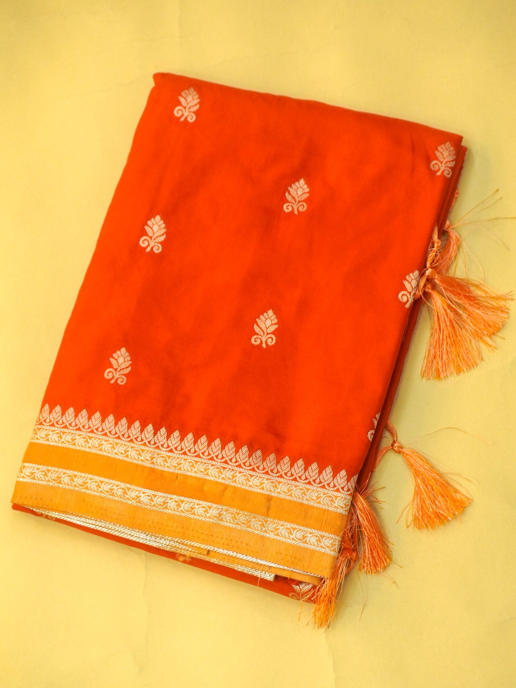 Orange Soft Silk Banarasi Saree with Silver Buti Work