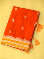 Orange Soft Silk Banarasi Saree with Silver Buti Work