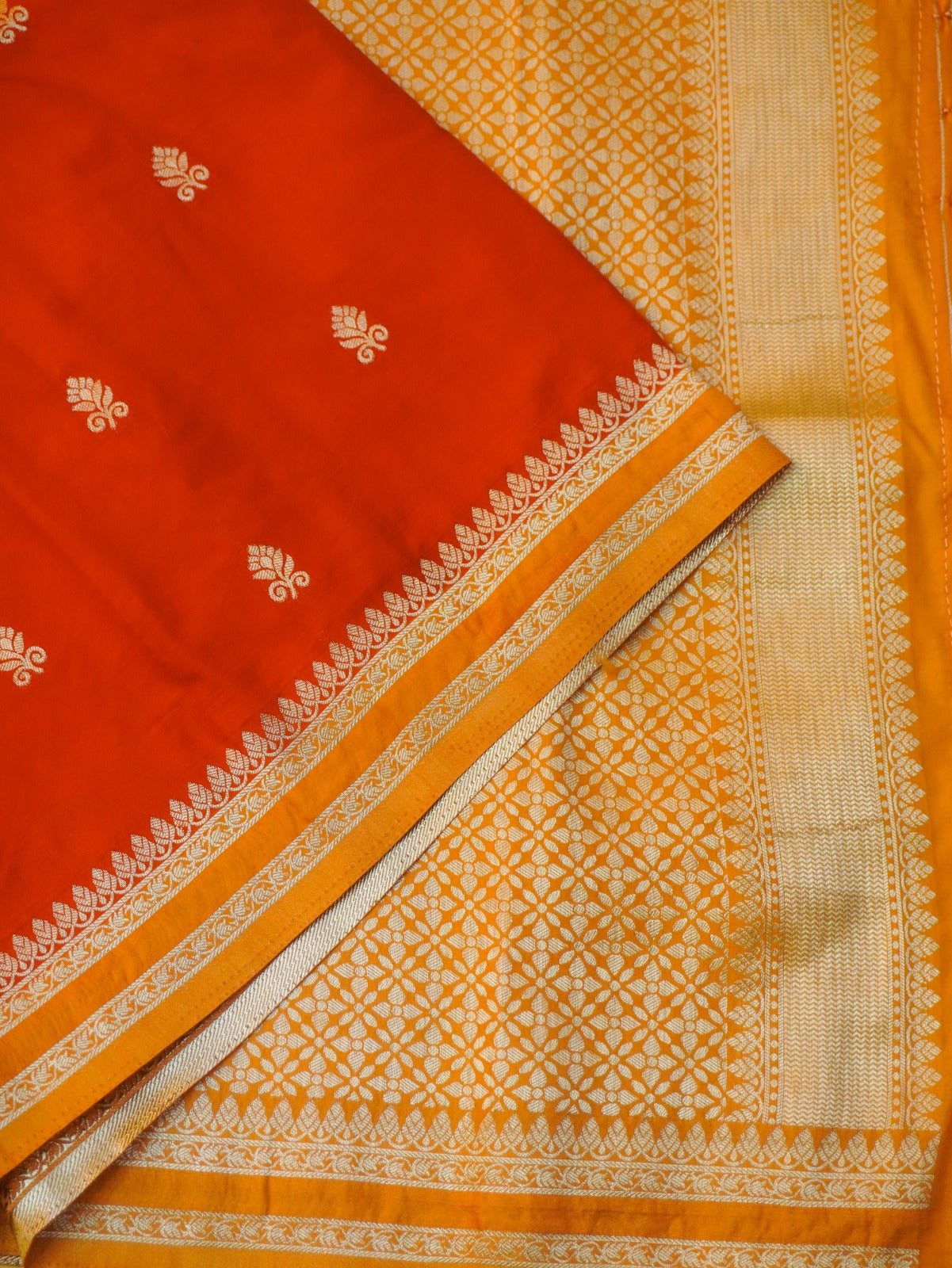 Orange Soft Silk Banarasi Saree with Silver Buti Work