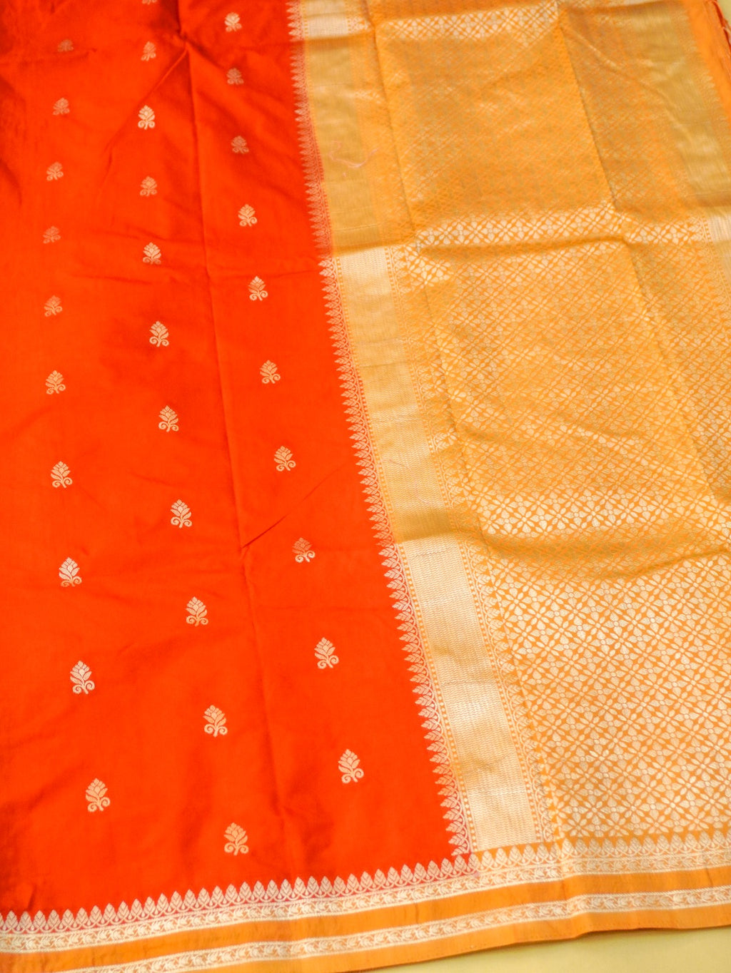 Orange Soft Silk Banarasi Saree with Silver Buti Work