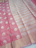 Baby Pink Silky Silk Banarasi Saree with Floral Zari Buti & Rich Zari Border