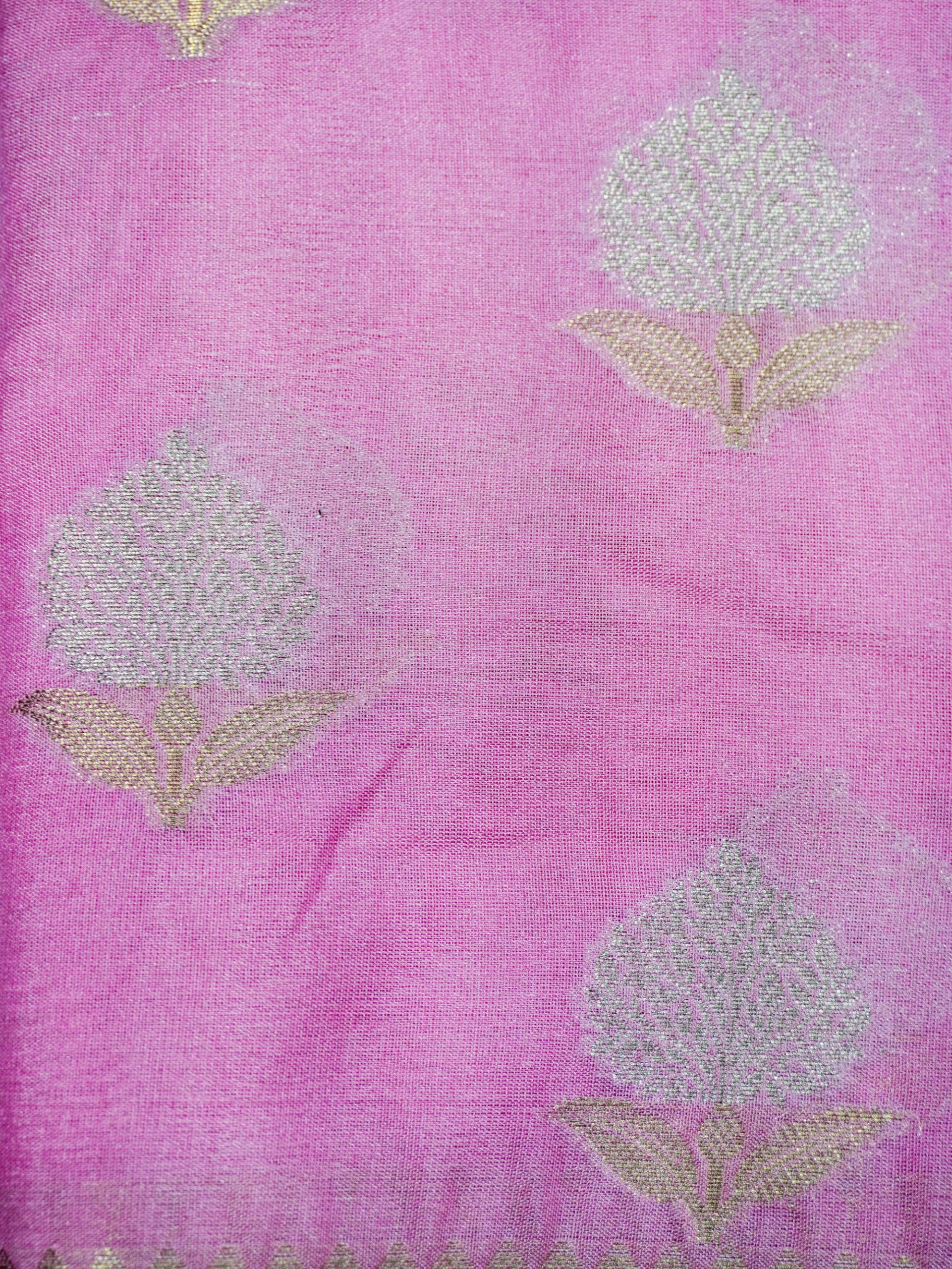 Candy Pink Silky Silk Banarasi Saree with Floral Zari Buti & Rich Zari Border